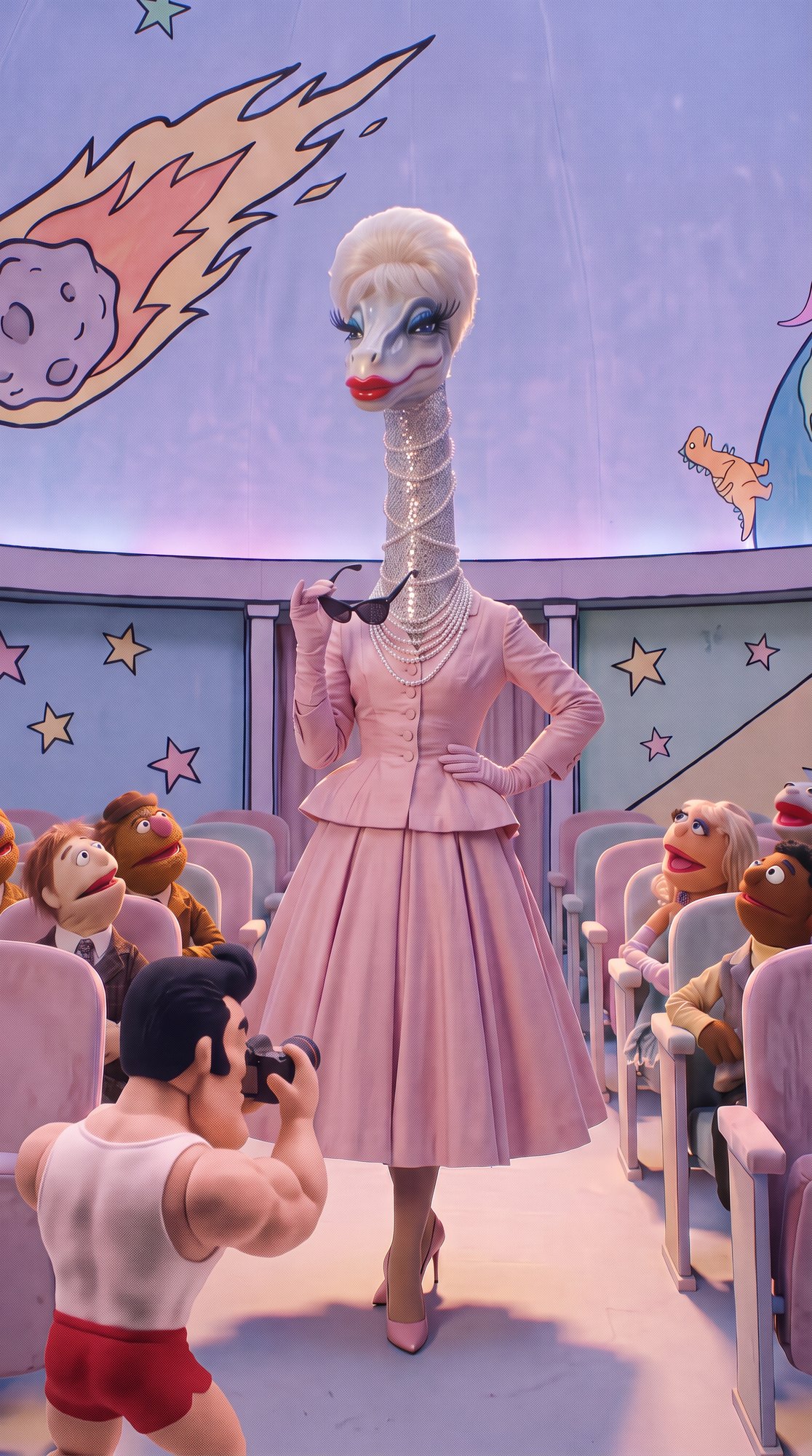 Linda Evangelisaurus in powder pink with pearls wound up her neck, at a pastel planetarium with puppets in the seats