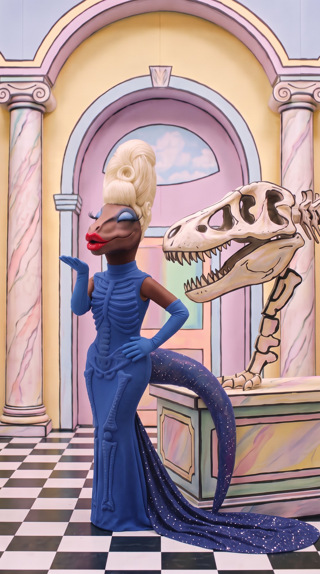 Tyra Saurus Rex, the house mother, in a cobalt skeleton gown, posing in front of a T. rex skeleton in a pastel museum hall