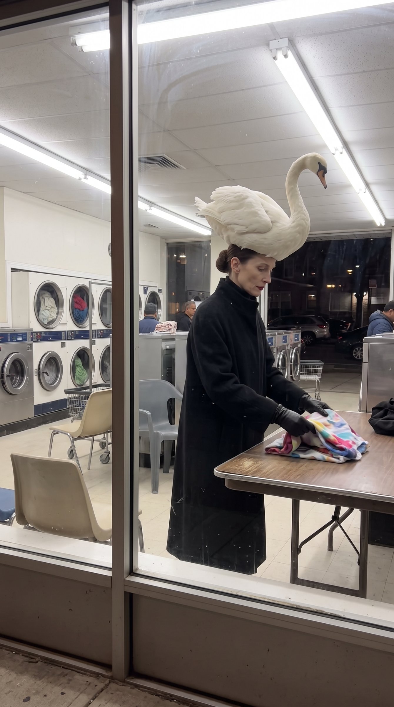 Through the laundromat window: Babette folds laundry in her swan hat