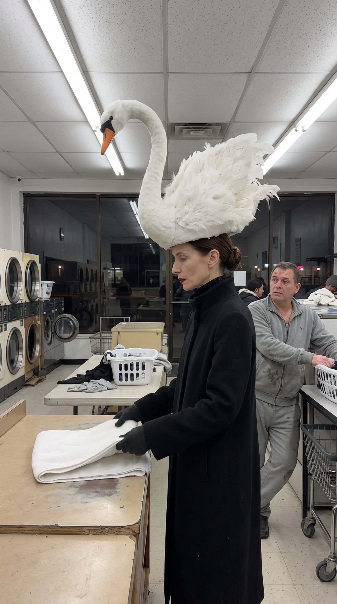 Inside the laundromat: the man beside Babette looks up at the swan