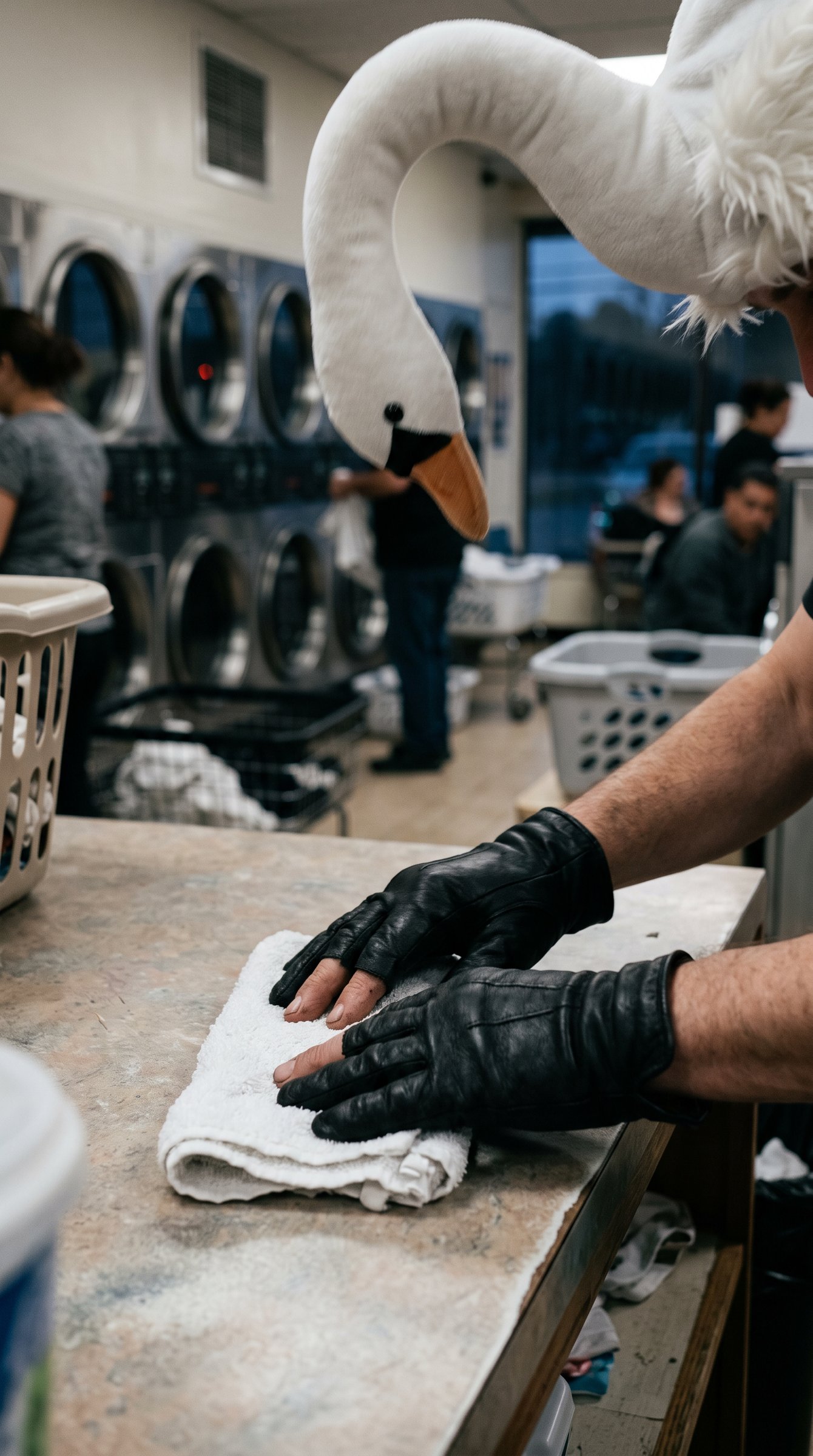 Close: gloved hands fold a small towel as the swan’s neck dips into frame