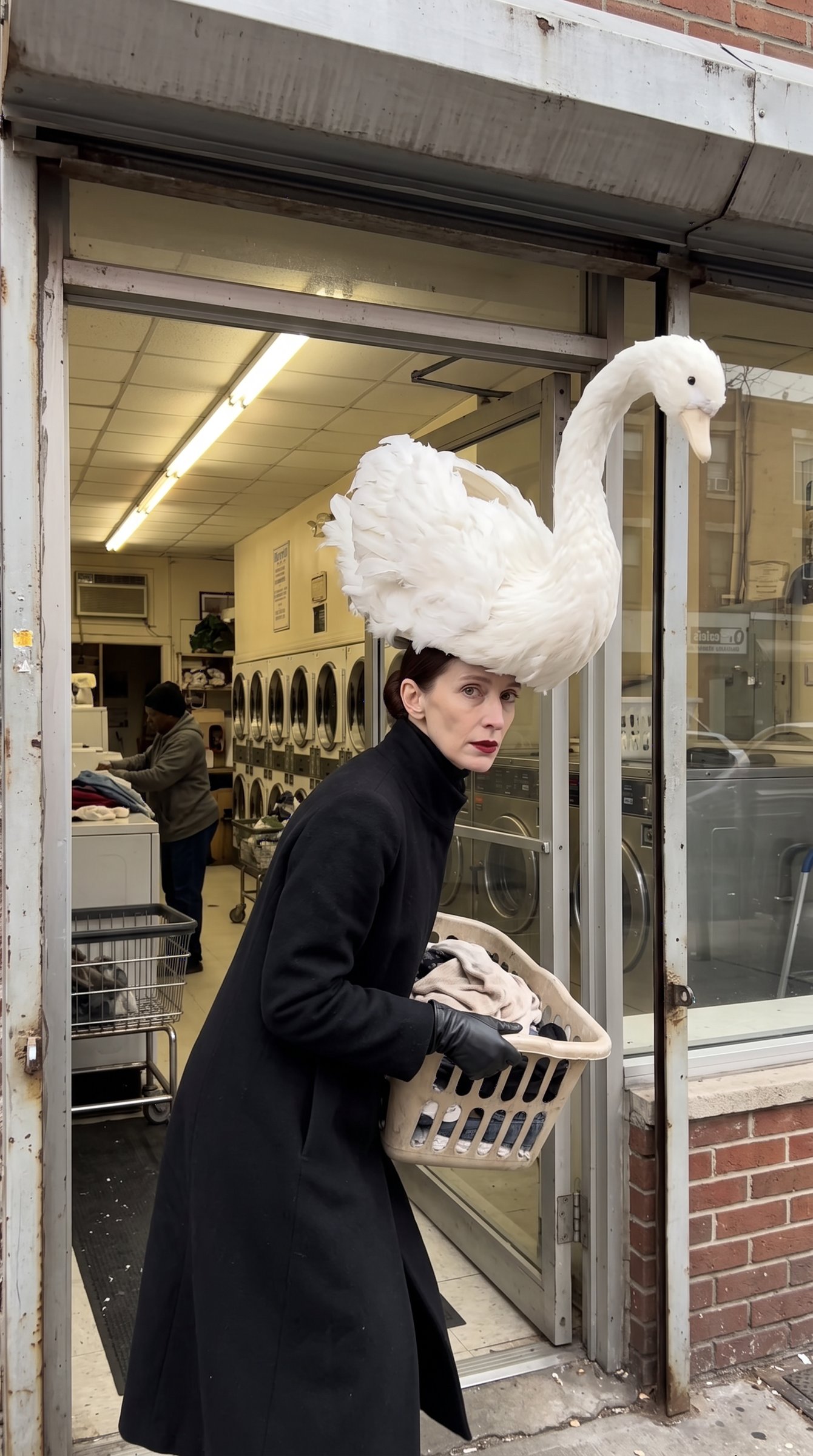 In the doorway: Babette ducks the swan under the frame and looks at the camera