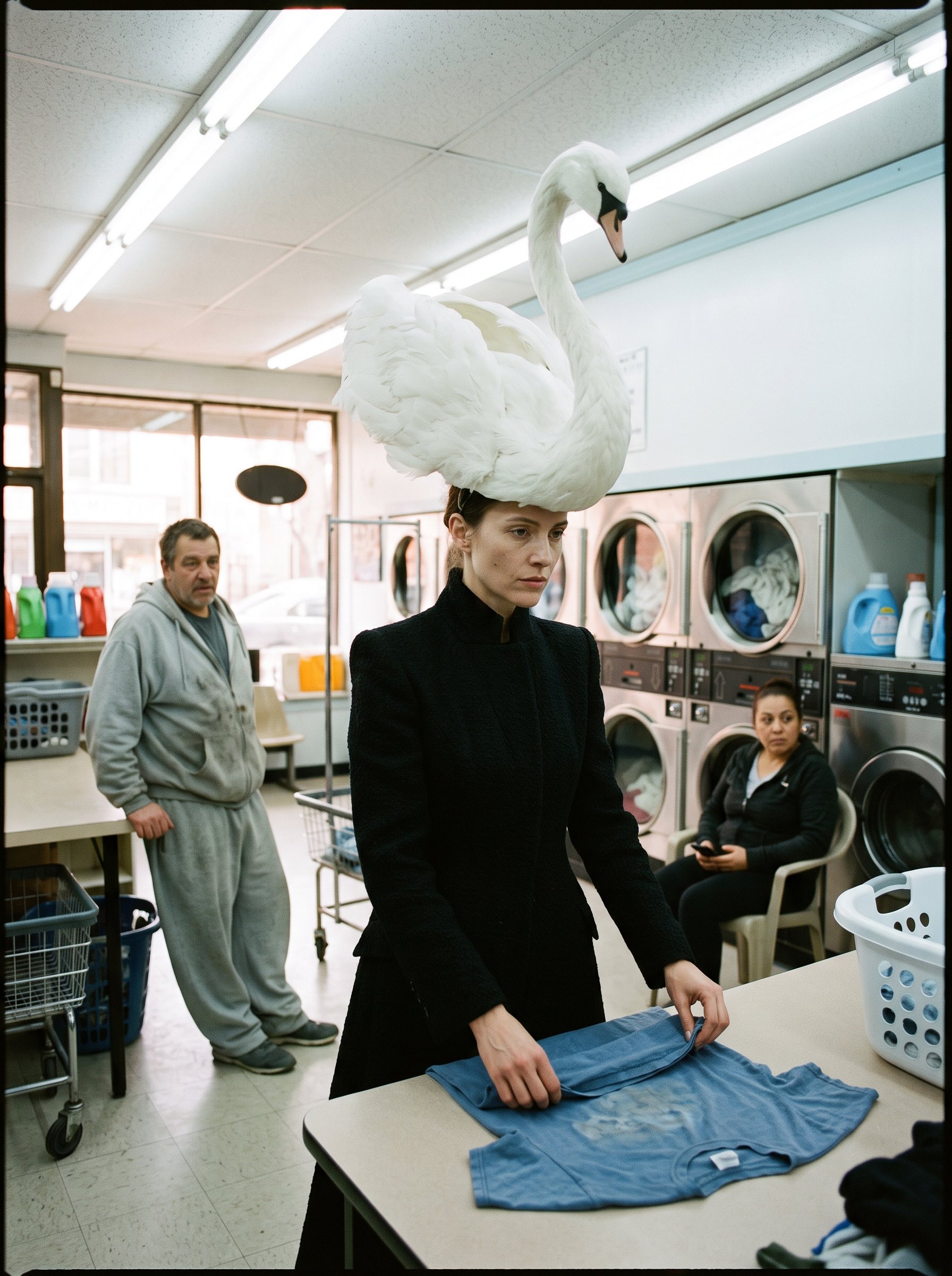 Babette at the laundromat in a black coat, a white swan hat on her head, folding a shirt