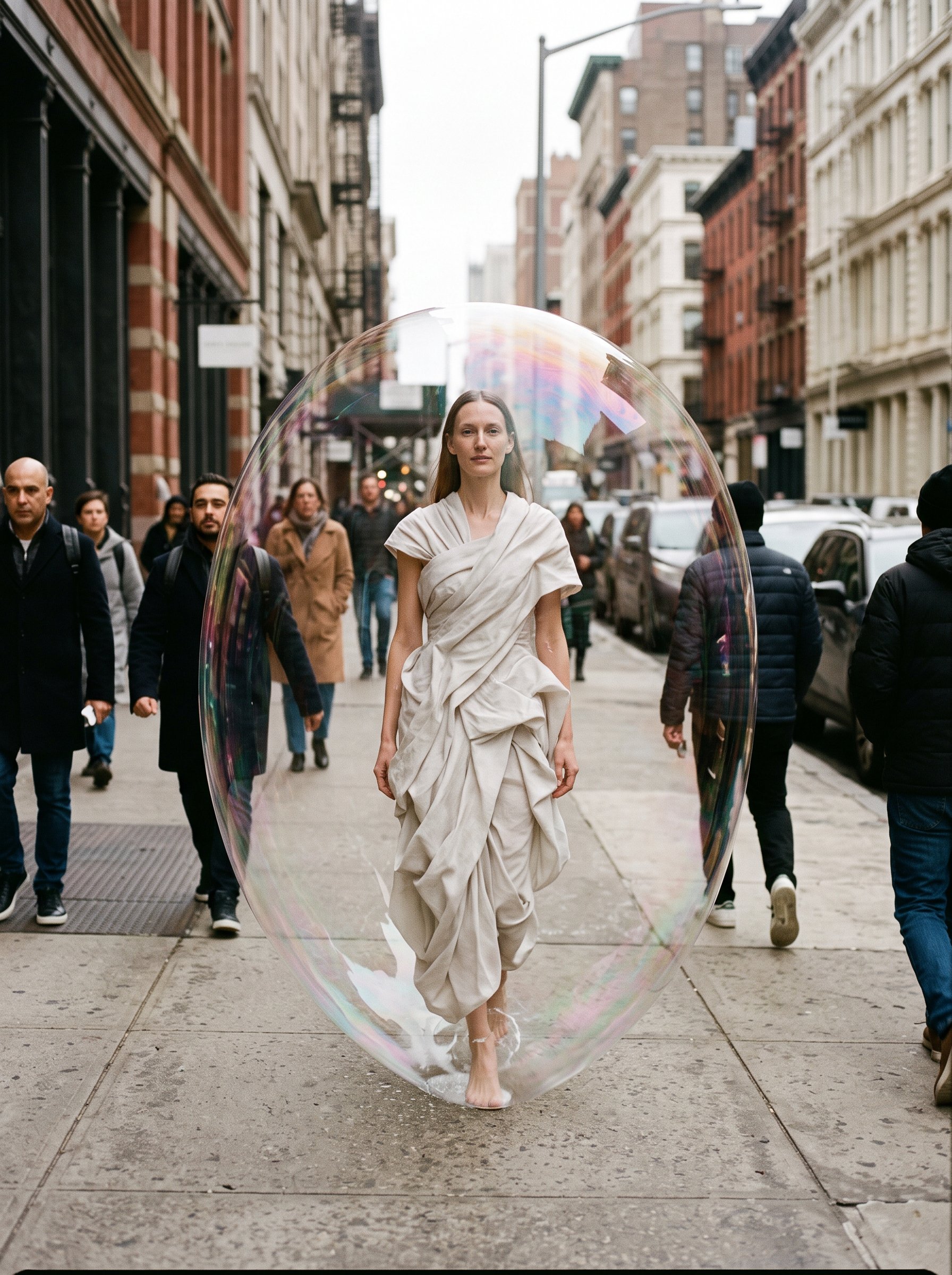 Bulle in a white draped dress, walking a crowded sidewalk inside a giant soap bubble