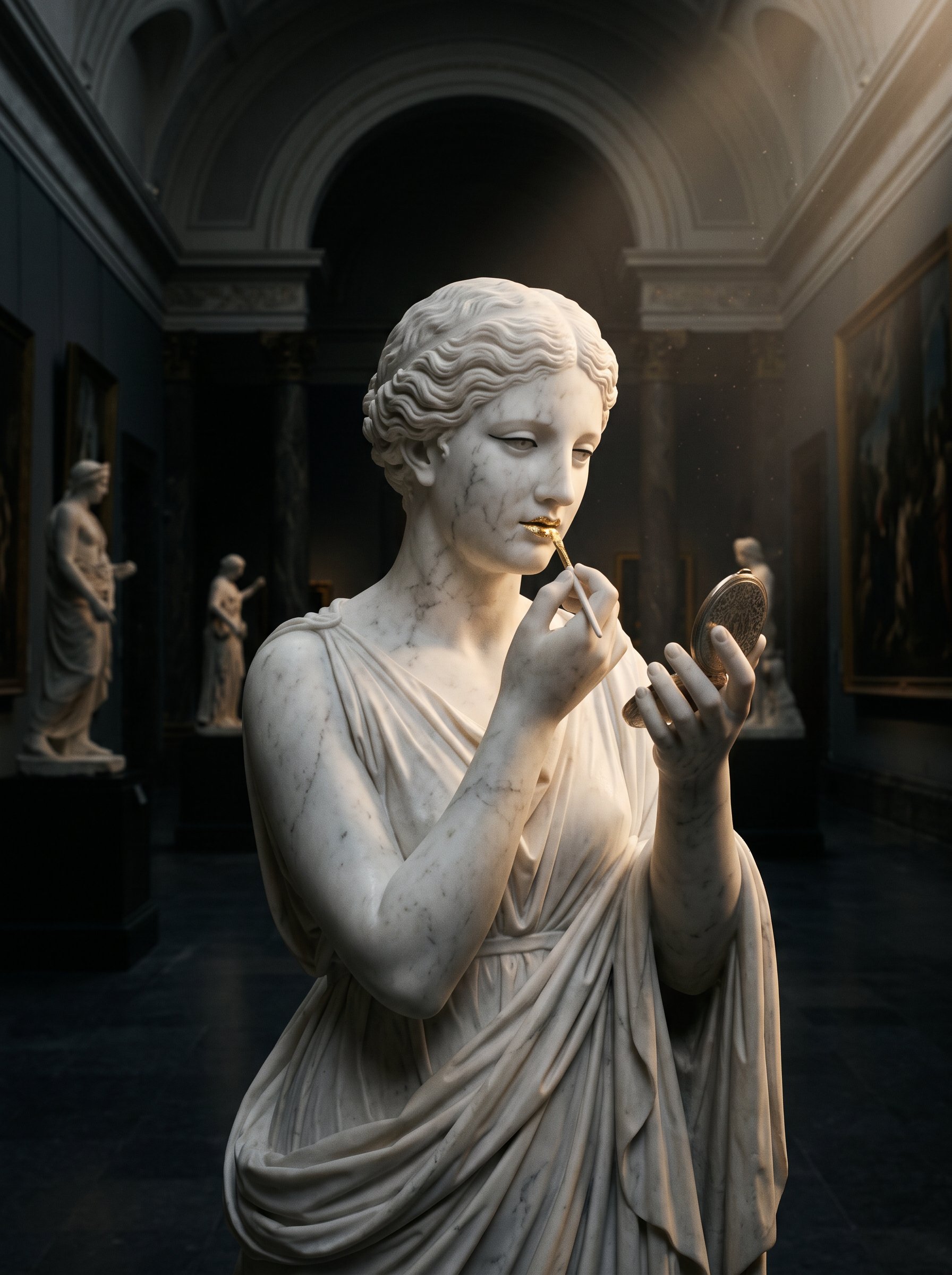 Galatea, a marble statue in a dark museum gallery, holding a compact up to her face