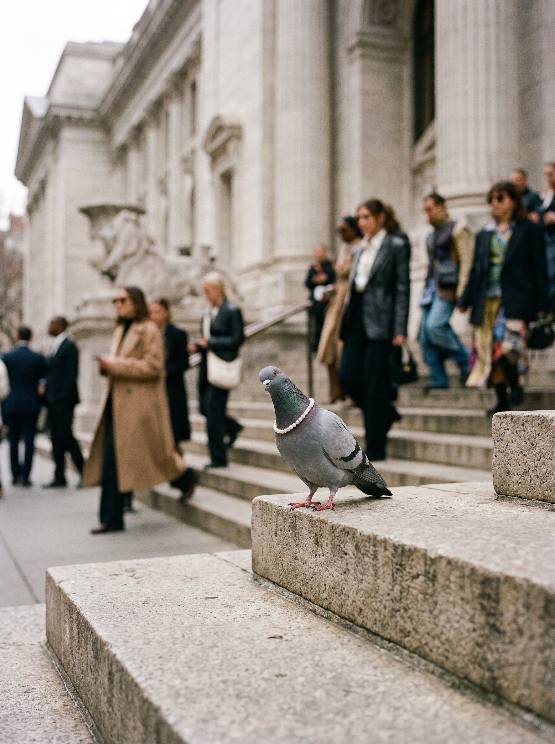 Gigi, a pigeon in a pearl necklace, on the stone steps of a New York museum as people walk past