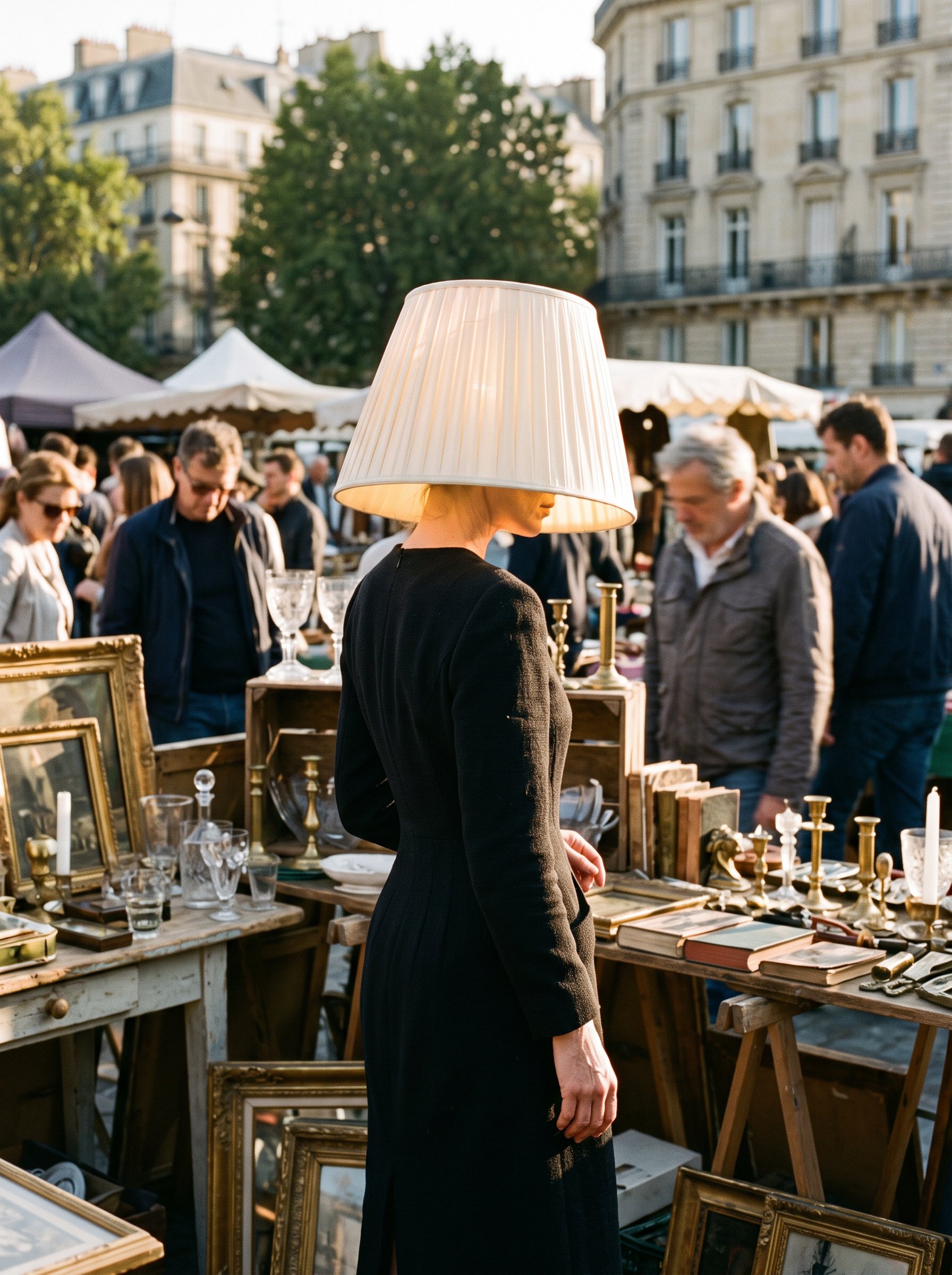 Lanterne at a flea market, her head a lit silk lampshade