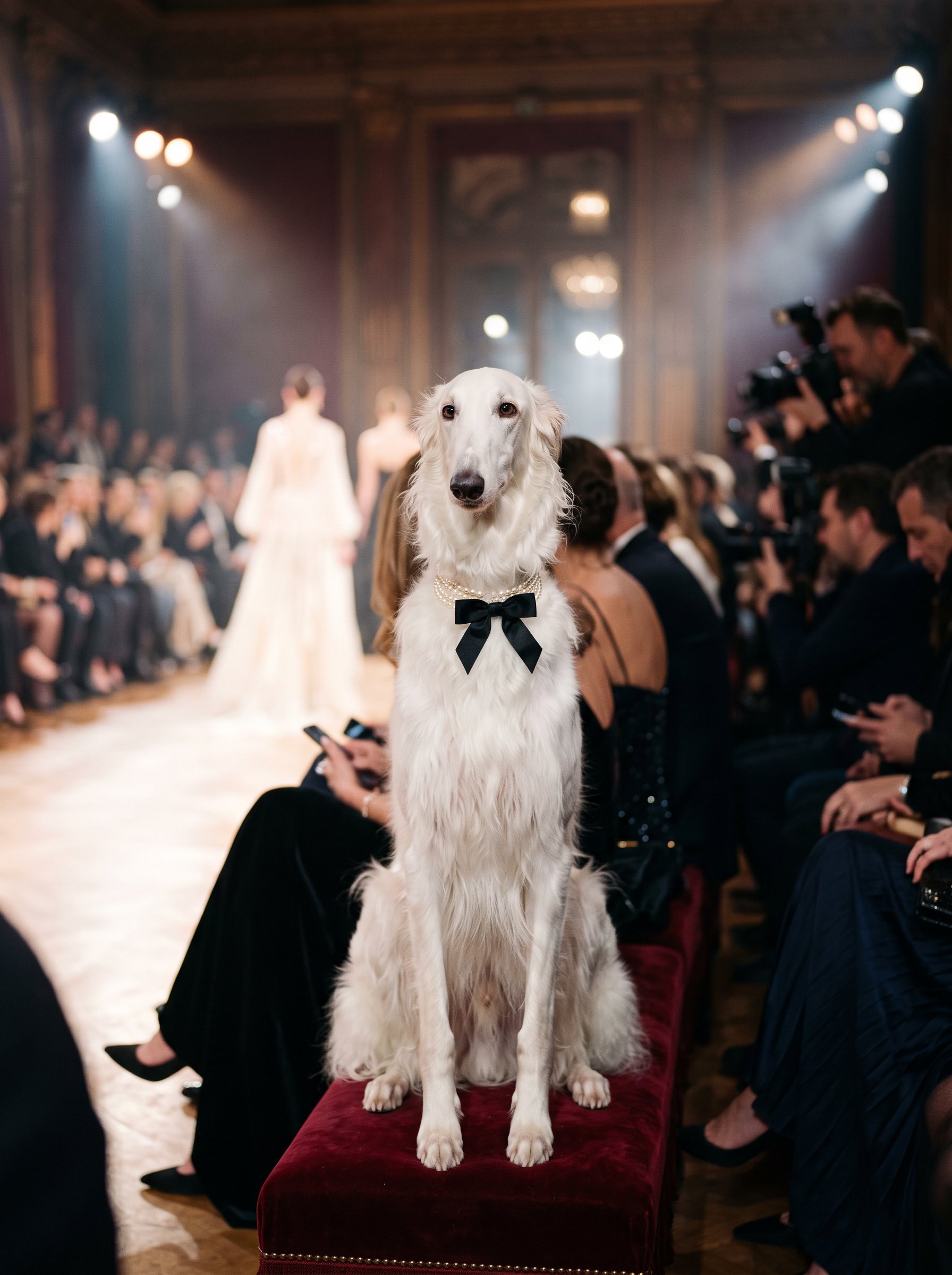 Loulou, a white borzoi with a black bow, sitting in the front row of a runway show