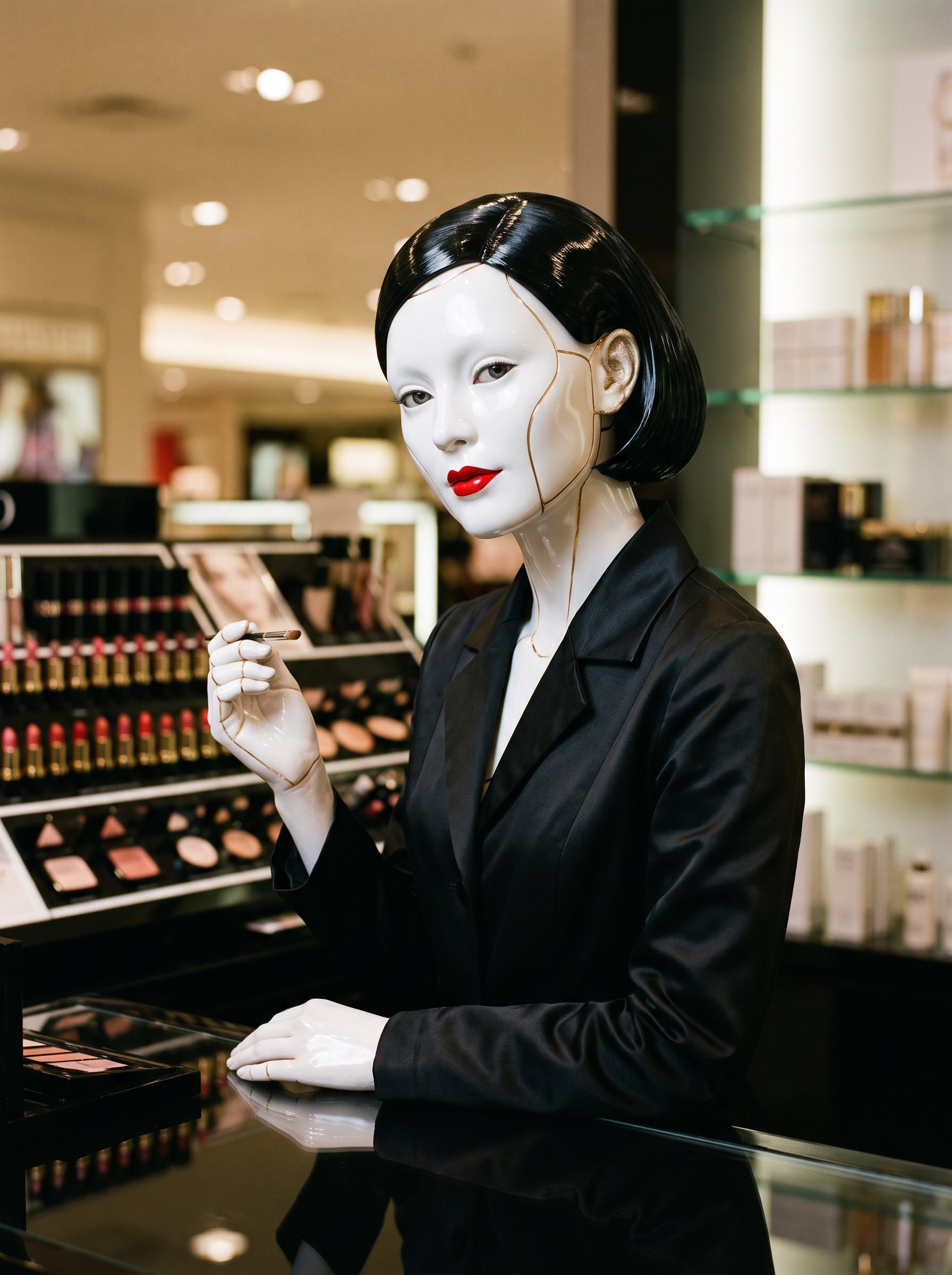 Model 9, a porcelain android with a black bob, at a makeup counter with a brush in hand