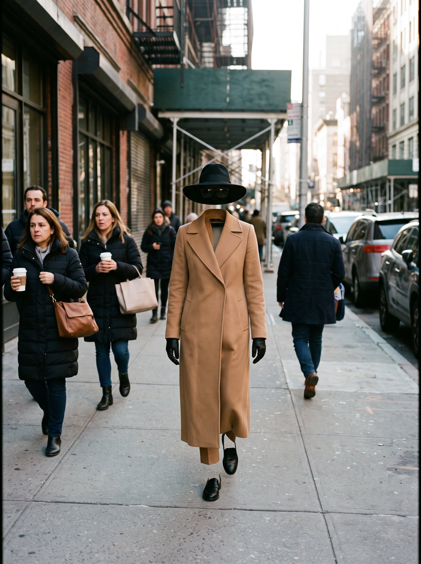 Personne: a camel coat, a black hat and gloves walking down a city sidewalk with nobody inside