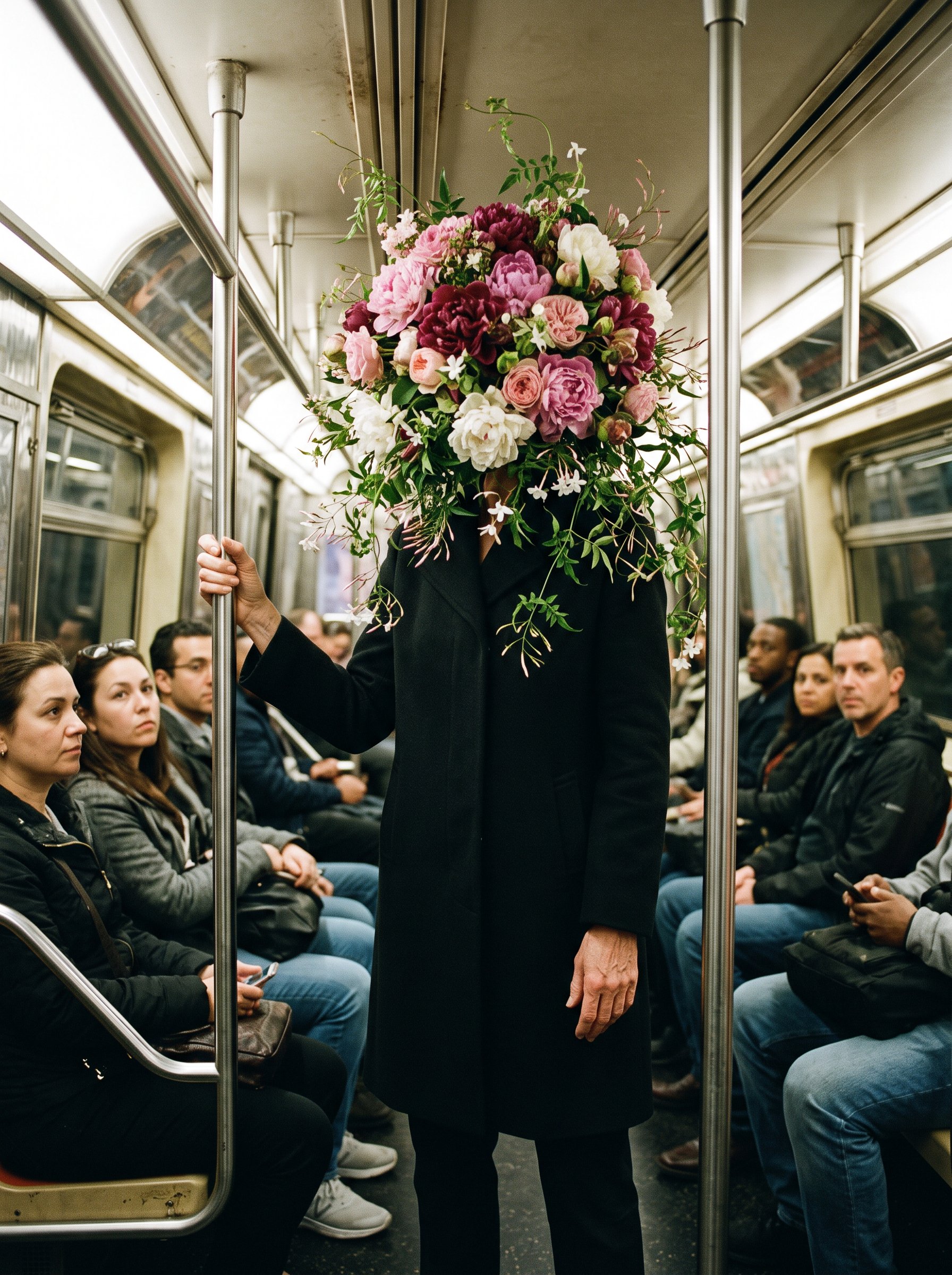 Rosette on a subway car, her head a bouquet of pink and white flowers