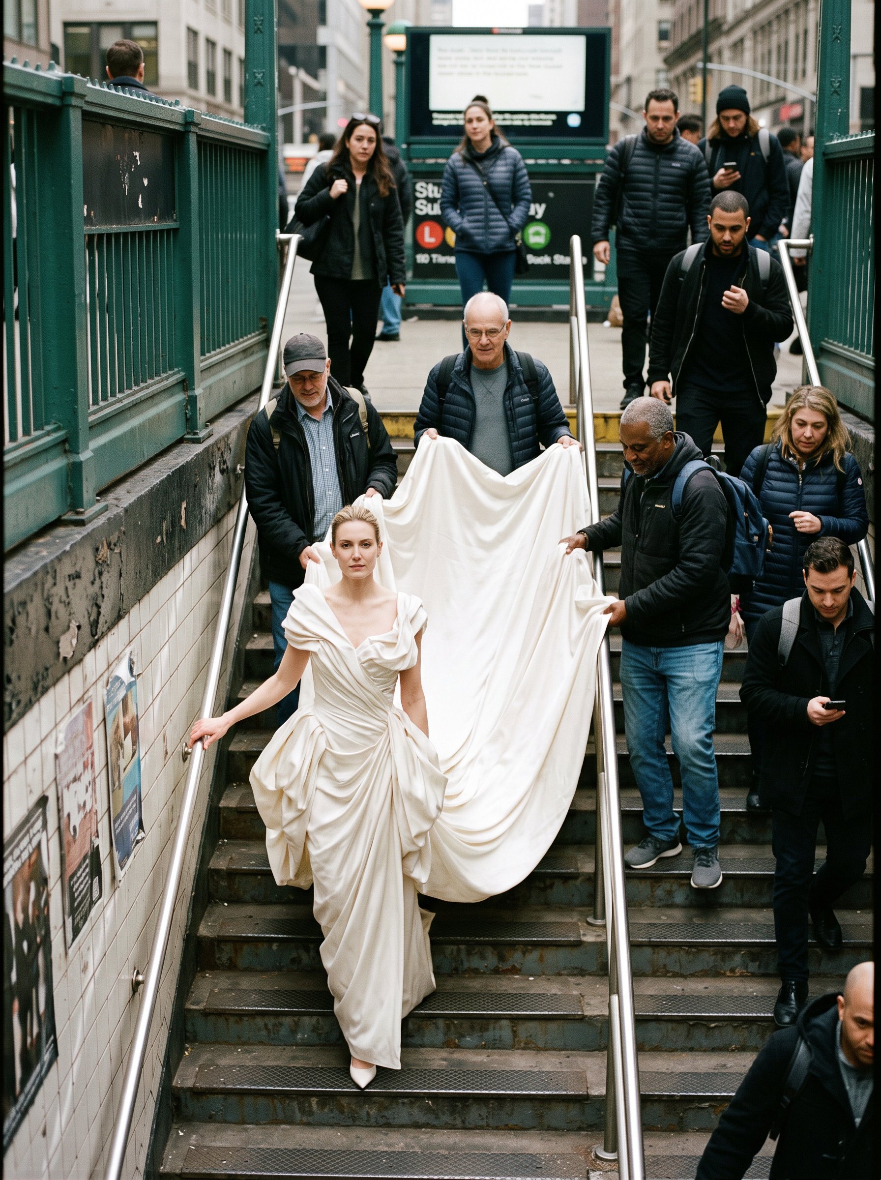 Séraphine in a white gown, her long train carried down the subway stairs past commuters