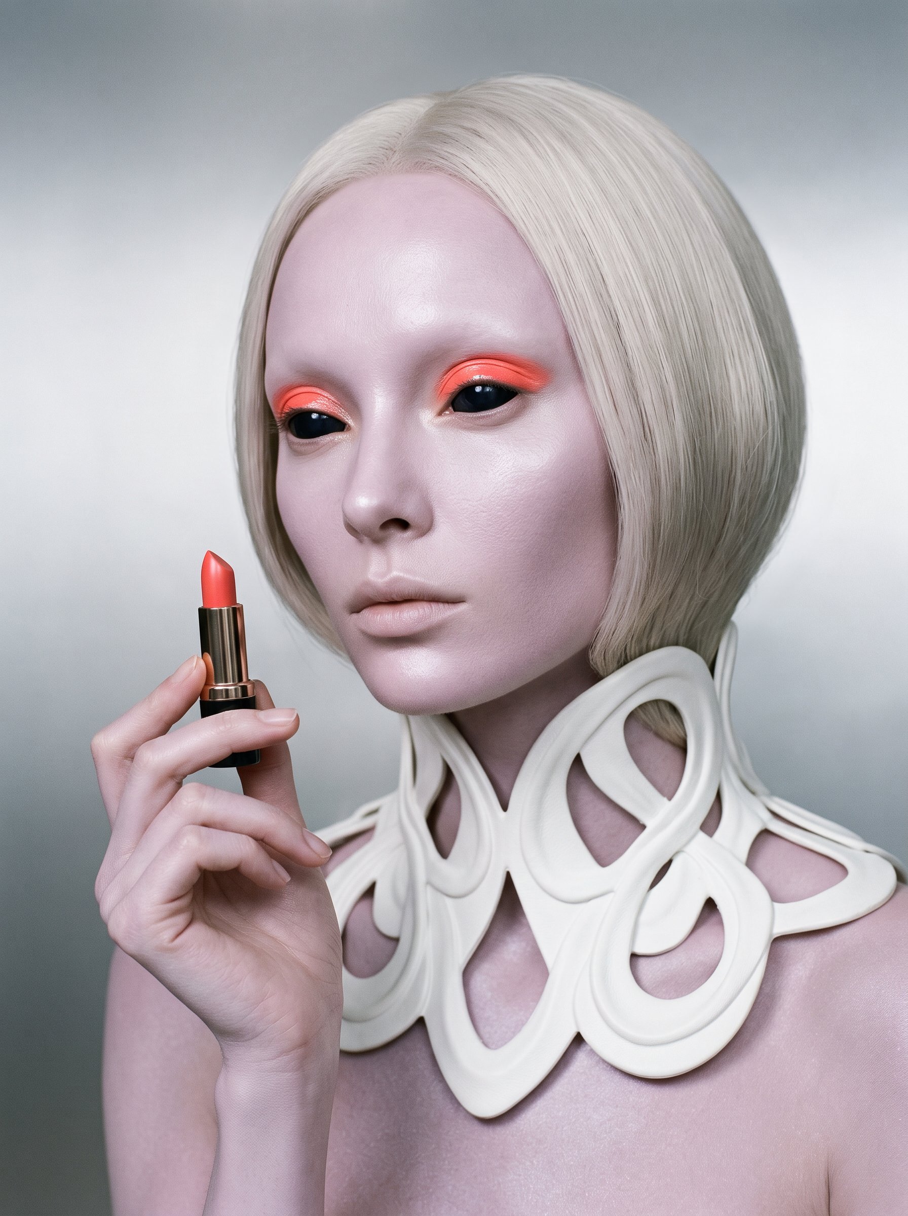 Vesper, pale with a white bob, coral eyes and a sculpted white collar, holding a red lipstick