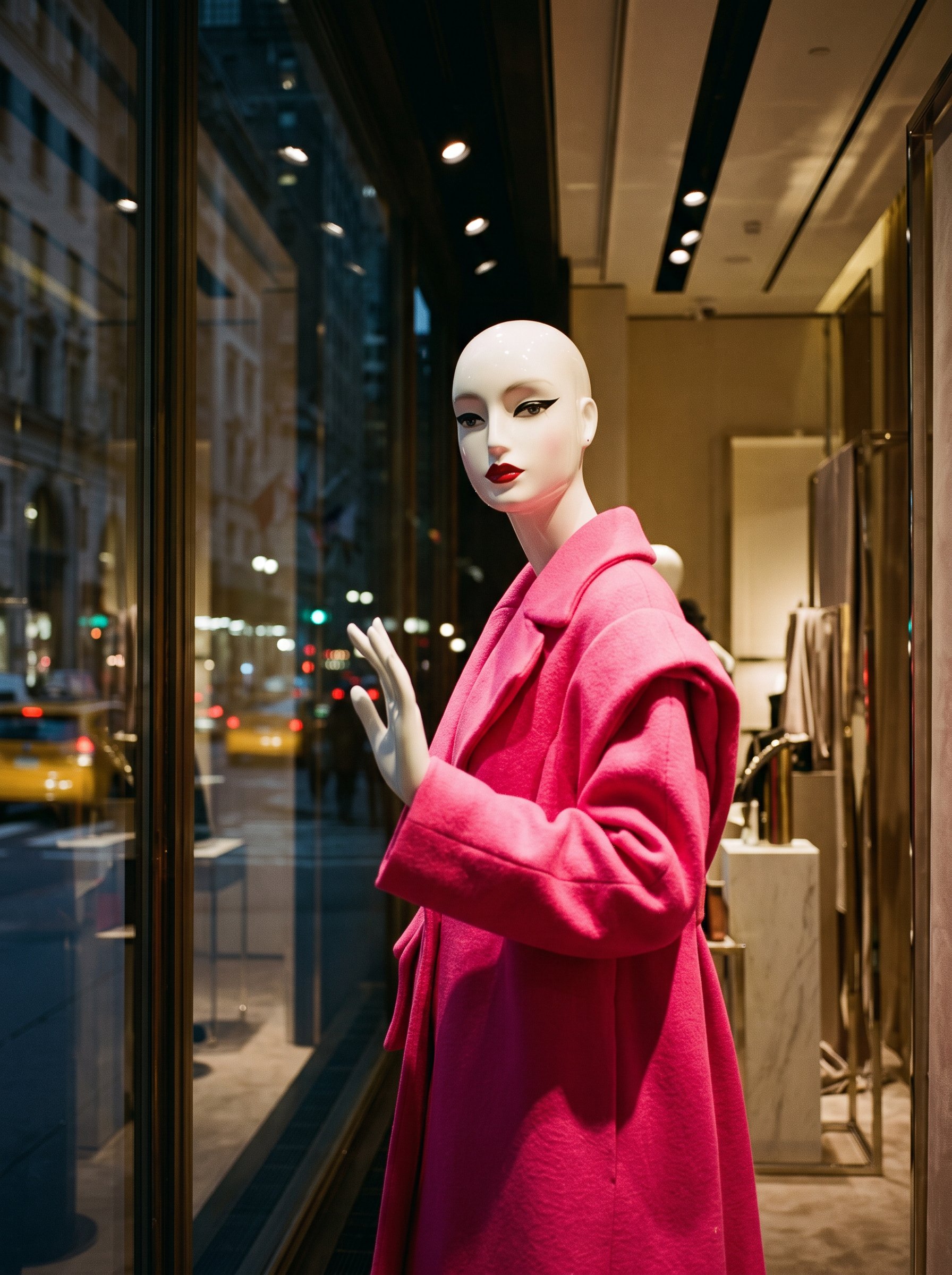 Vitrine, a window mannequin in a pink coat, in a lit store window at night