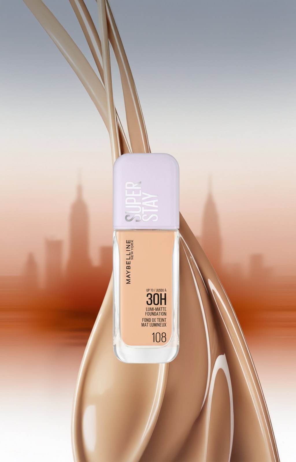 AI concept frame: the Lumi-Matte bottle on a ribbon of foundation in front of a blurred New York skyline