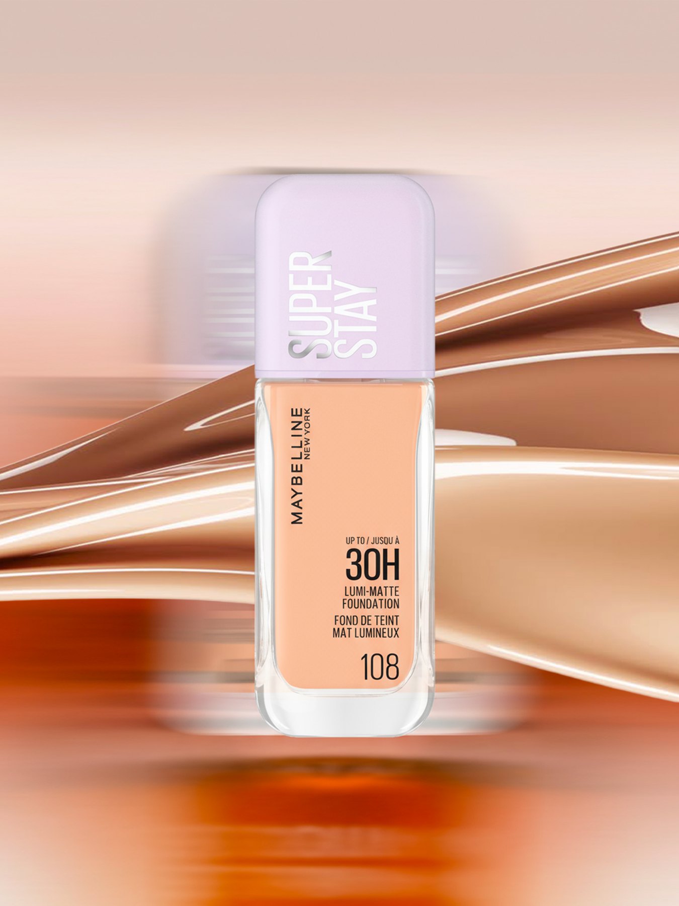 AI concept frame: the SuperStay Lumi-Matte bottle in a blur of motion over ribbons of foundation