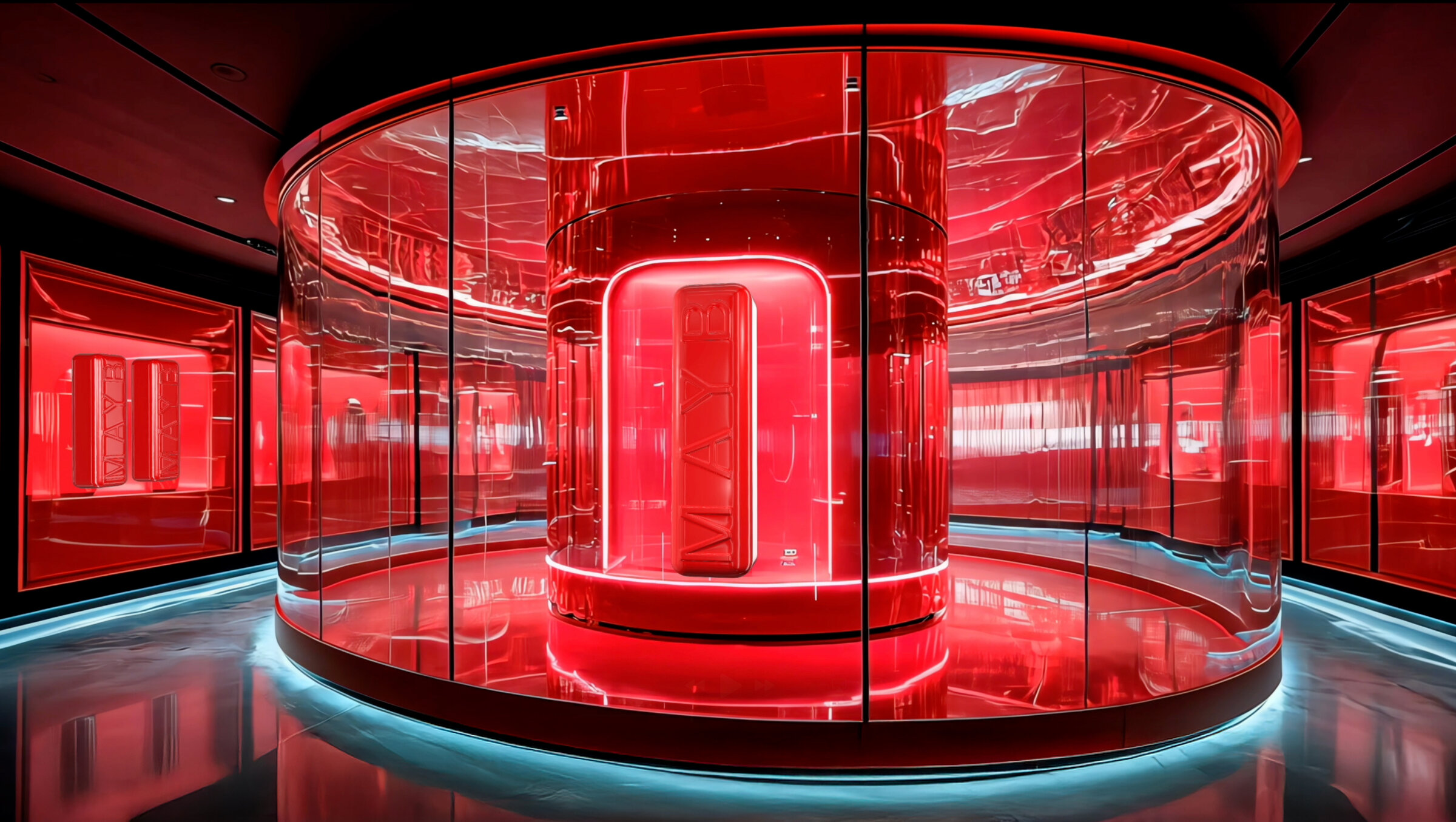 AI storyboard set: a round red glass vault in a dark gallery, one Shine Beast lipstick glowing inside, more cases on the walls