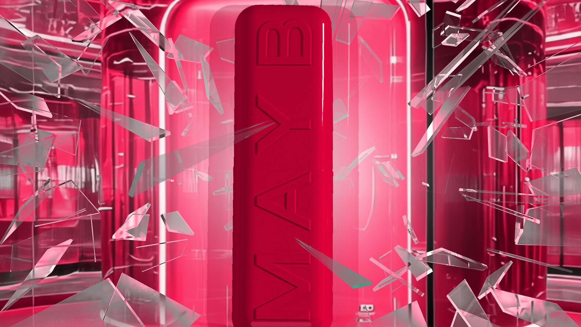 AI storyboard frame: the lipstick bursts out of its glass case in a spray of shards