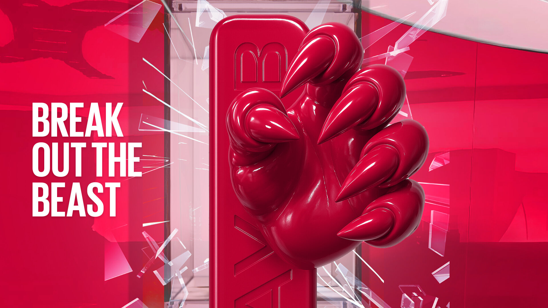 AI storyboard frame: BREAK OUT THE BEAST, a red claw grips the lipstick through broken glass