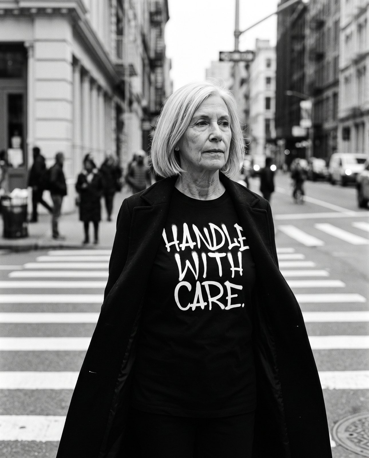 Kenneth Cole Voice Wear: a woman with a silver bob in the Handle With Care tee at a downtown crosswalk