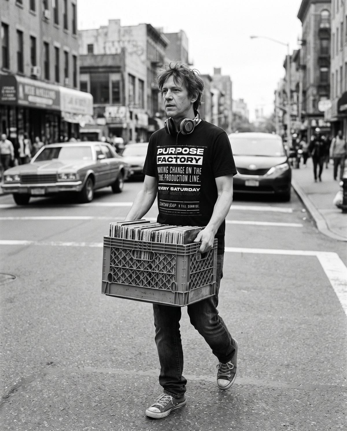 Kenneth Cole Voice Wear: a DJ carrying a crate of records across the street in a Purpose Factory tee