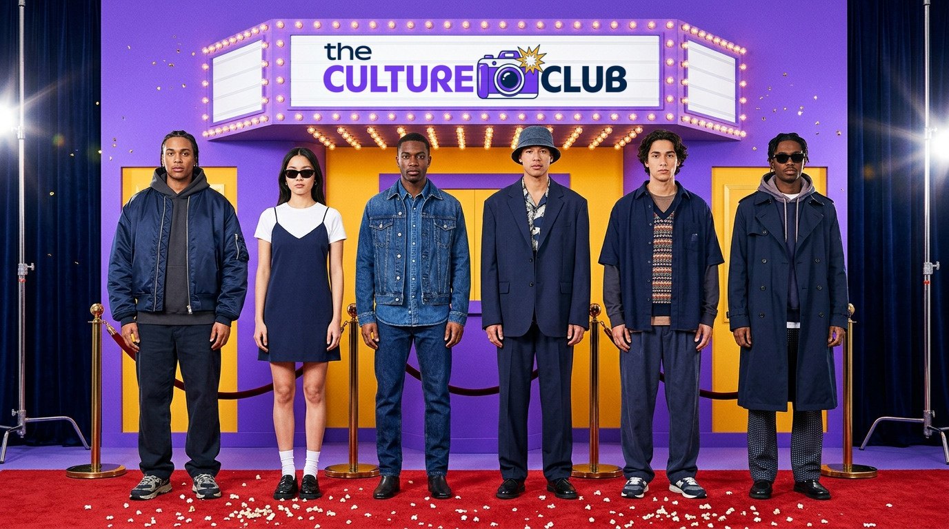 Old Navy, The Culture Club: six people in navy and denim on a red carpet under a theater marquee