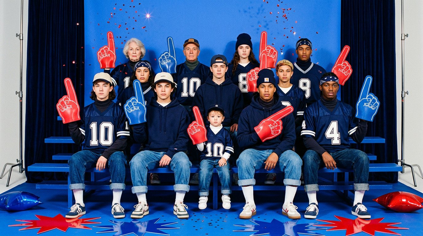 Old Navy, The Fan Shop: fans of every age in navy jerseys and denim on blue bleachers, waving foam fingers