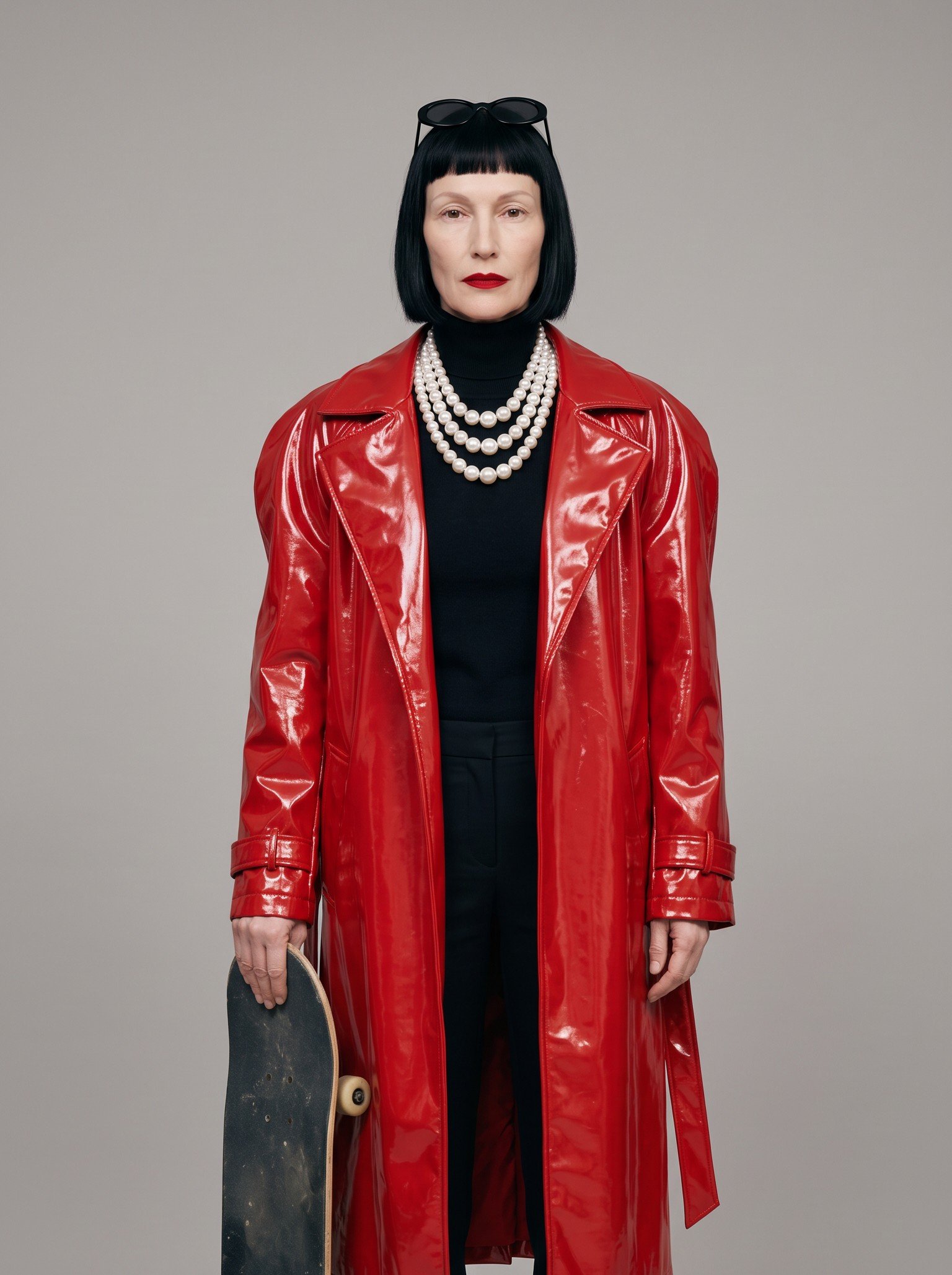 Odile at casting: red patent trench, pearls, white socks and Mary Janes, a skateboard at her side
