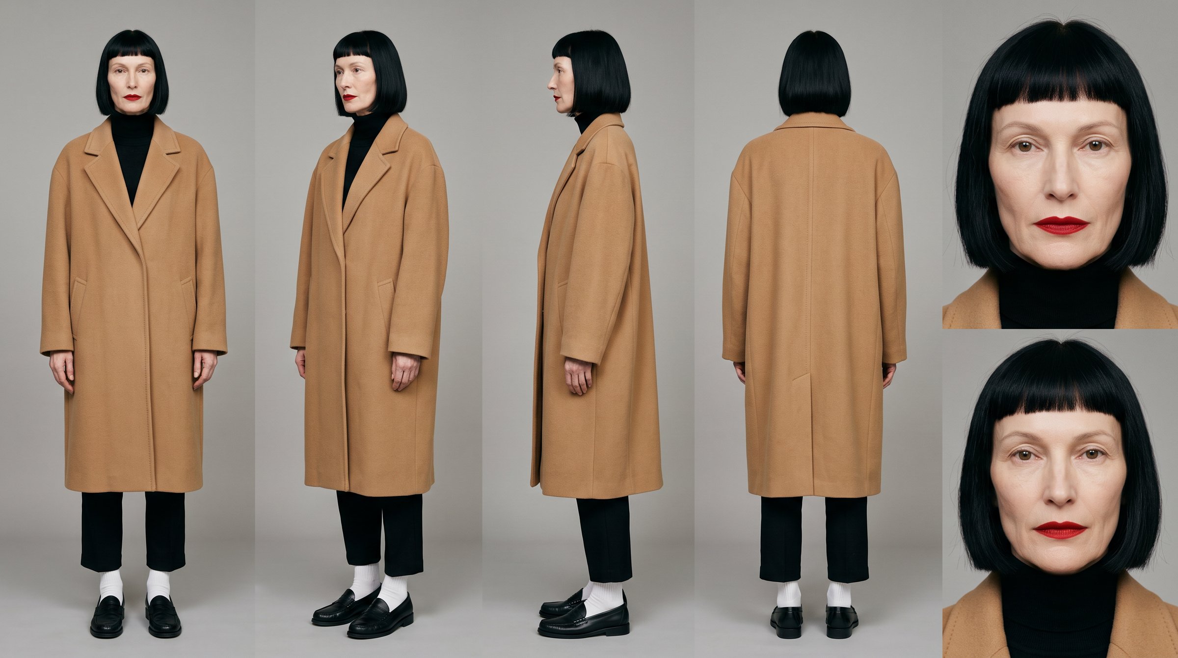Odile character sheet: front, three quarter, profile and back in a camel coat, with two close portraits