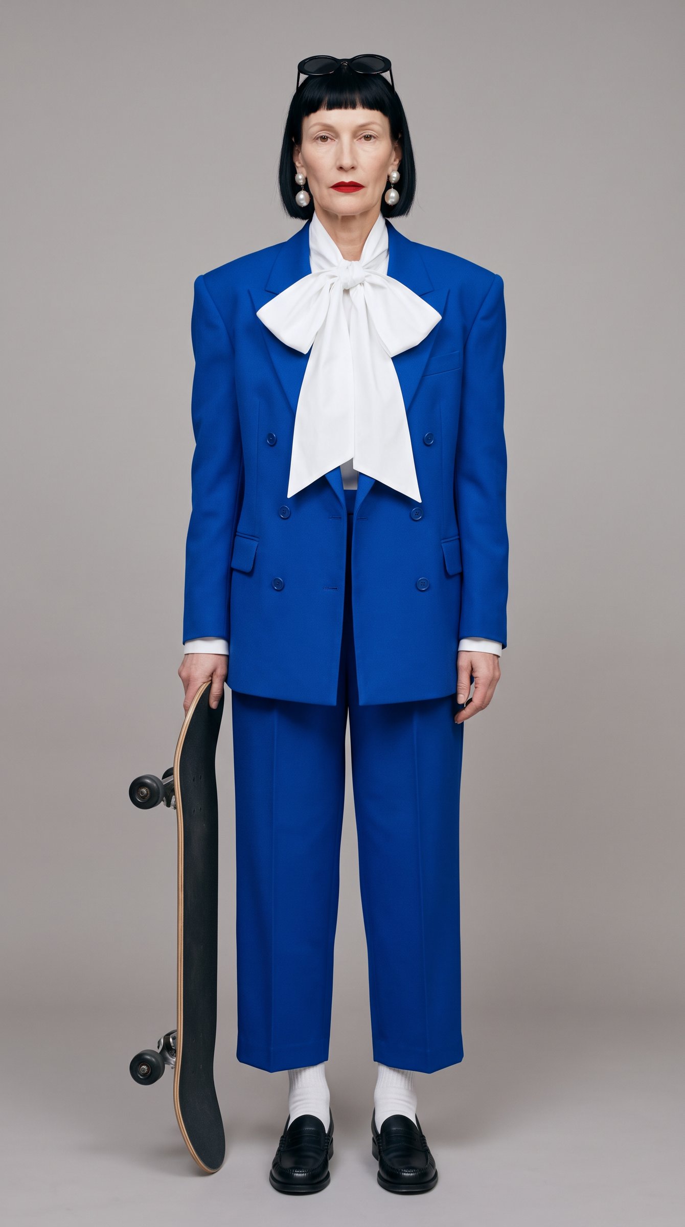 Odile in a cobalt 1980s suit with a giant white pussy-bow, holding a skateboard