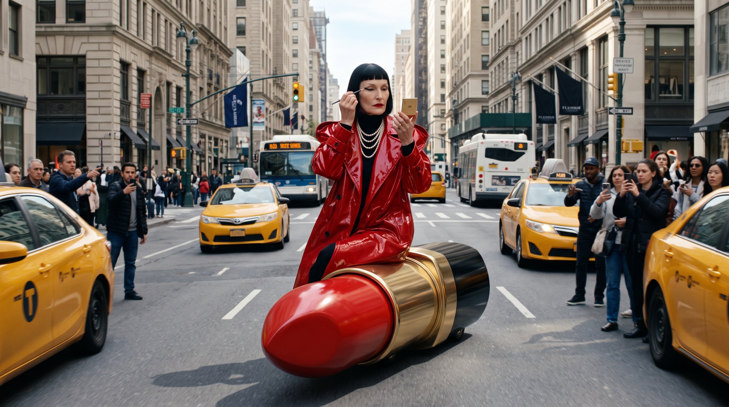 Odile in her red trench astride a giant red lipstick in the middle of Fifth Avenue, yellow cabs and a crowd around her