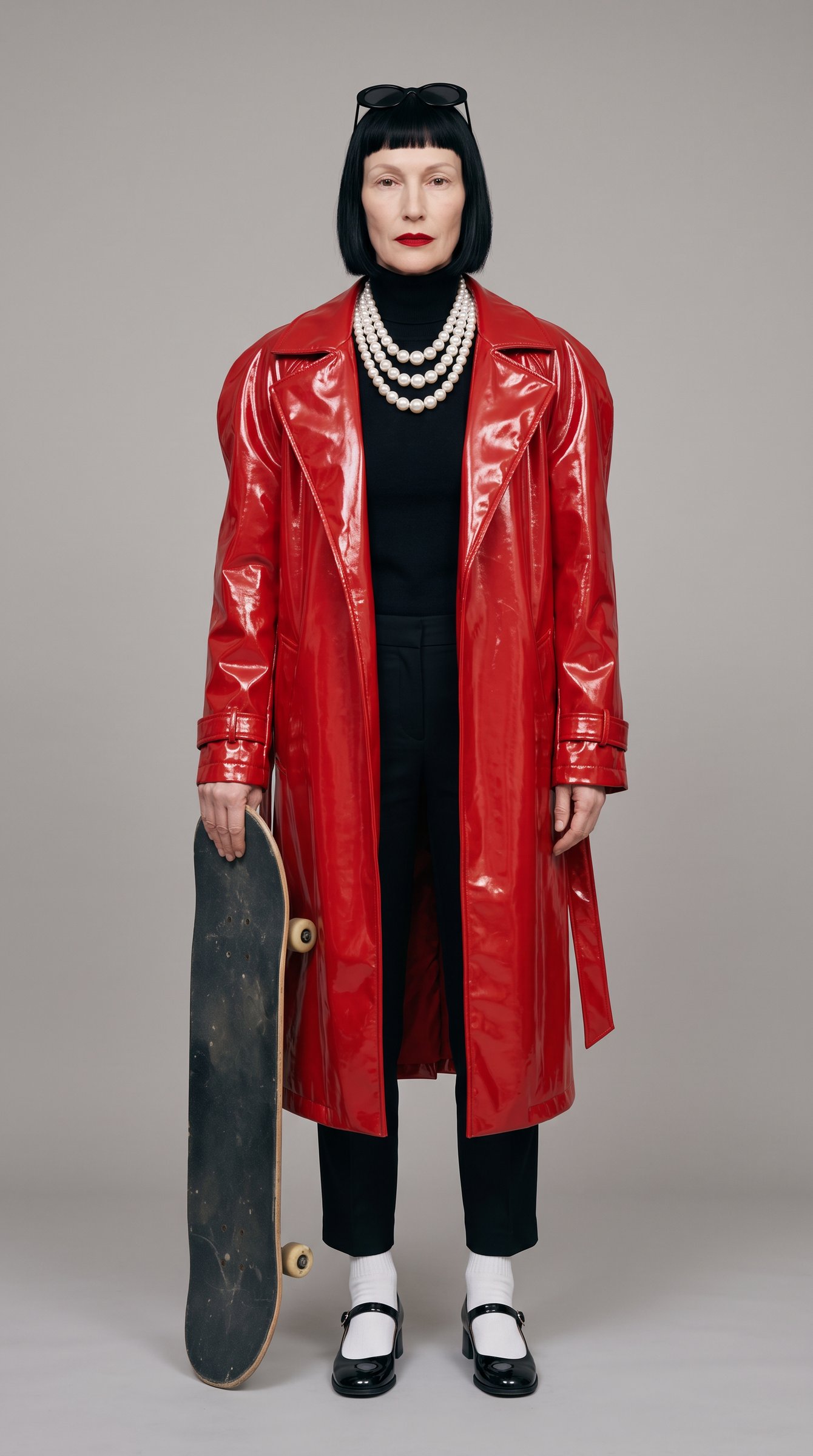 Odile in a red patent trench, pearls and Mary Janes, holding a skateboard