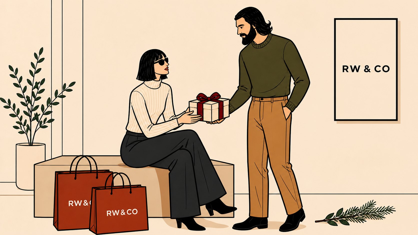 A gift handed over on a bench beside RW&CO bags