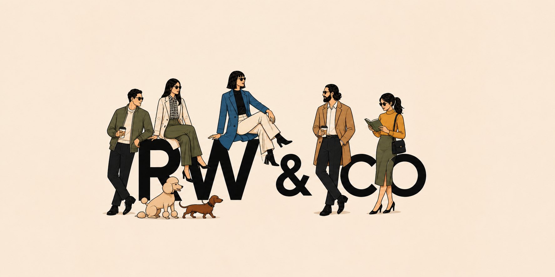 The RW&CO cast sitting and standing on the RW&CO logo, a poodle and a dachshund at their feet