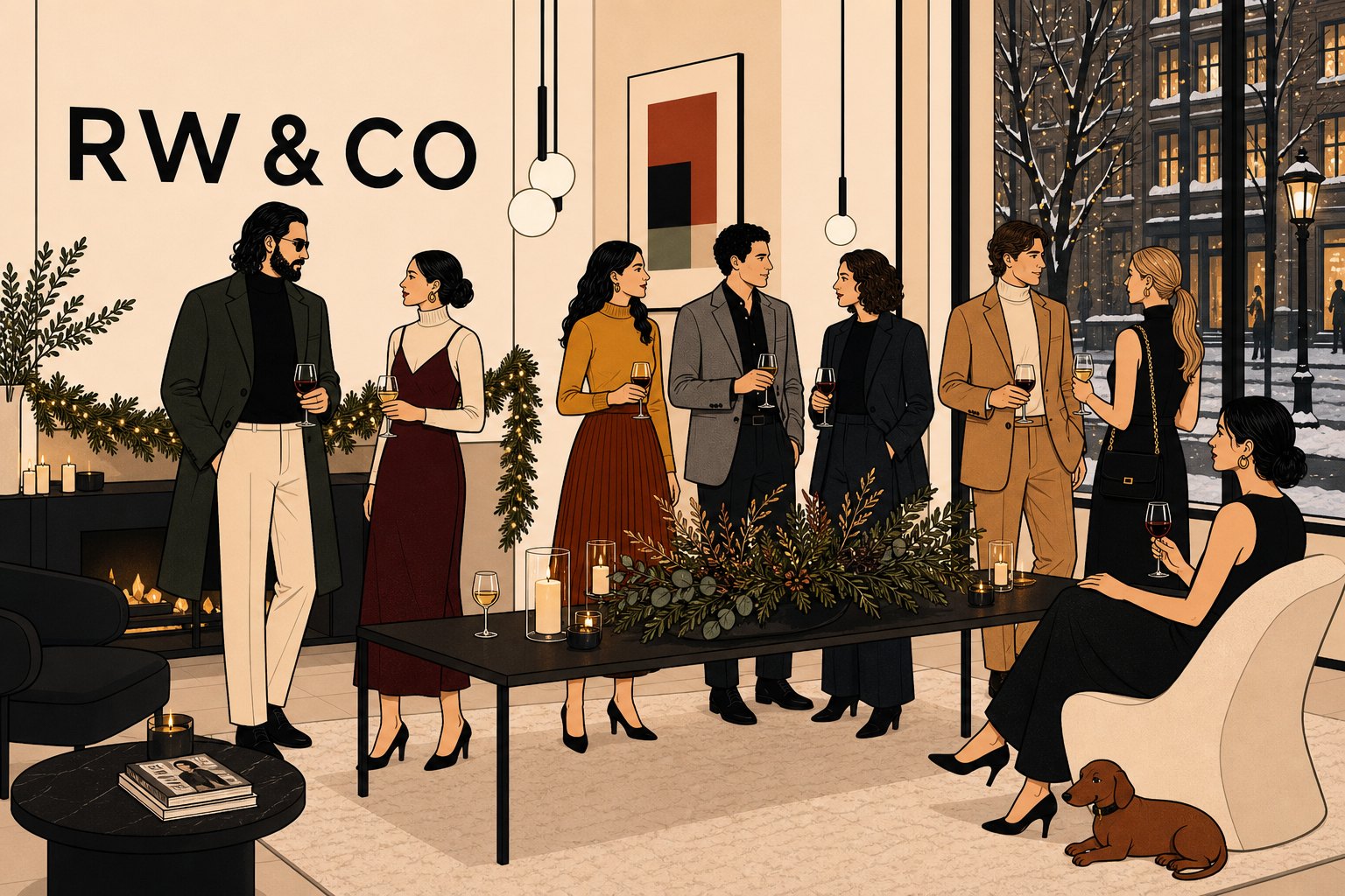 A holiday party in the RW&CO store by a snowy window