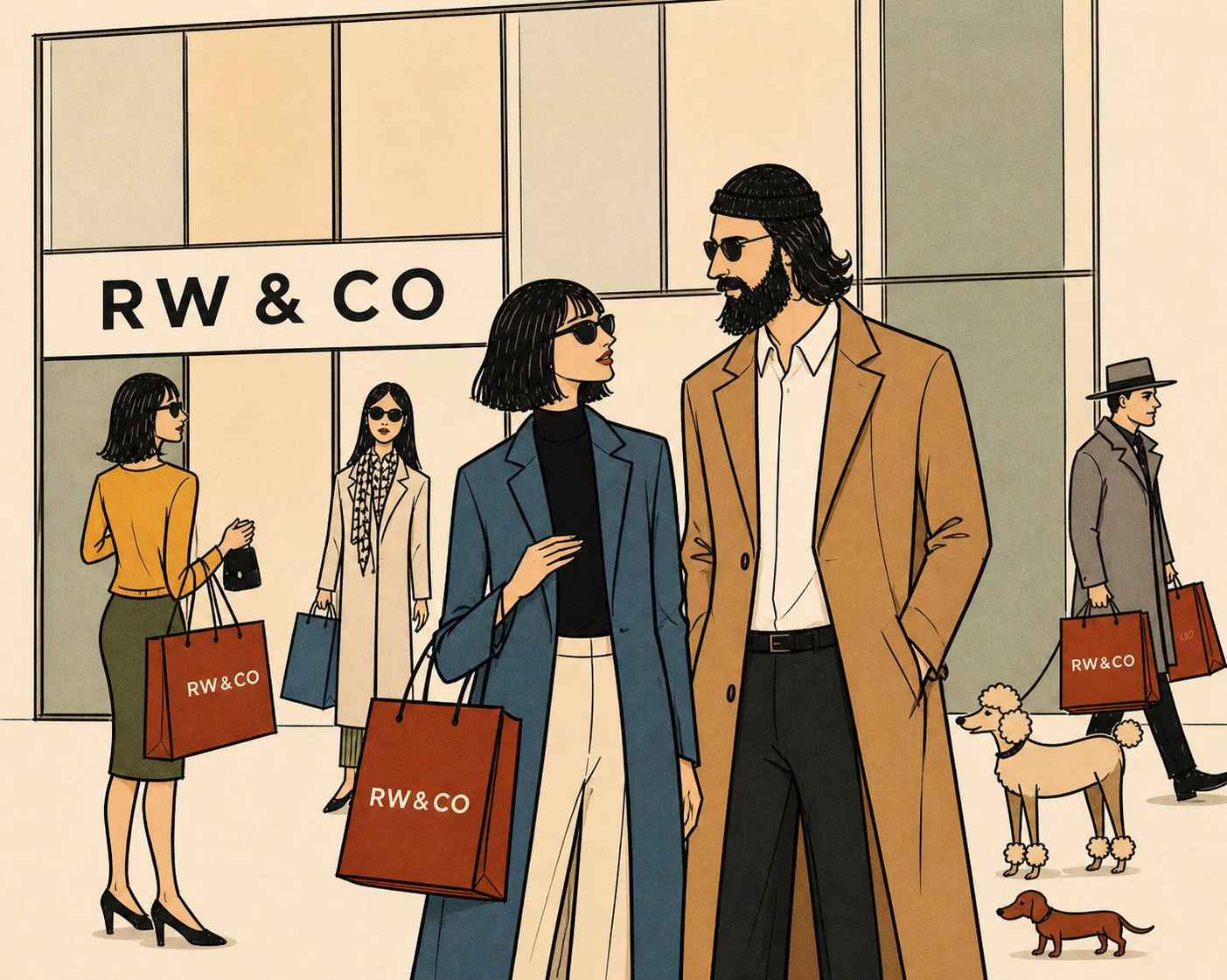The same cast outside the RW&CO store with red shopping bags
