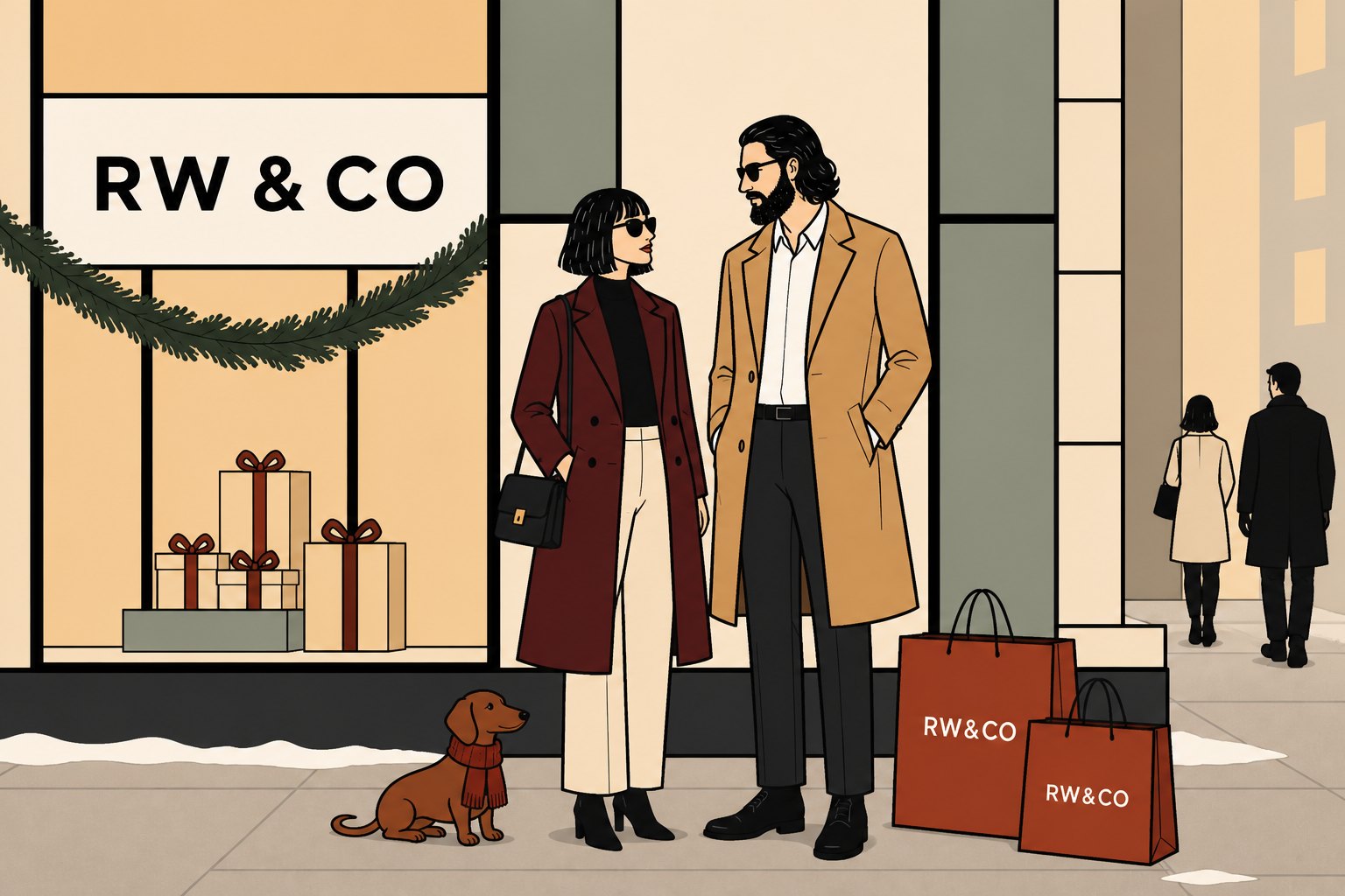 Two shoppers and a dachshund by the holiday window