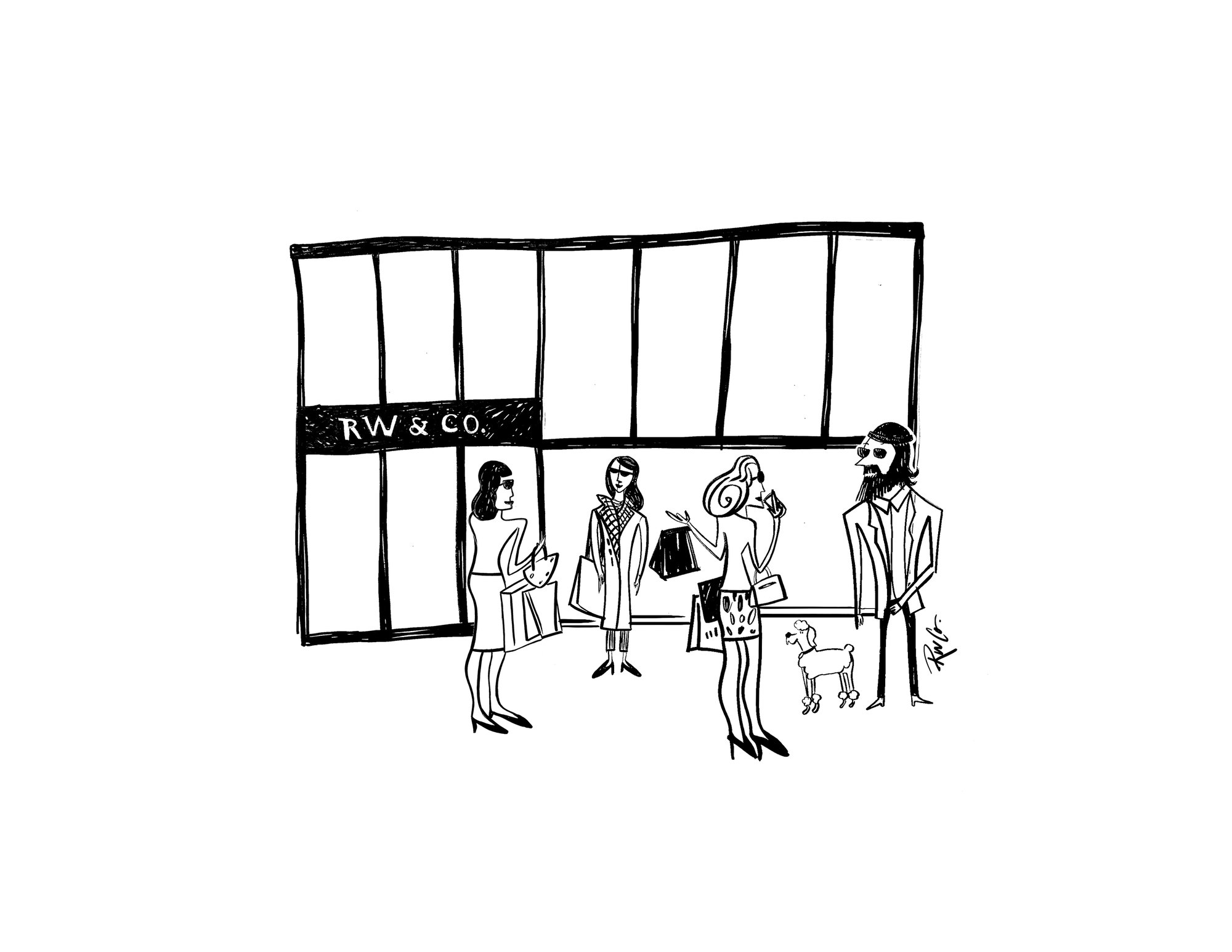 The initial sketch: the cast outside the RW&CO store, in line