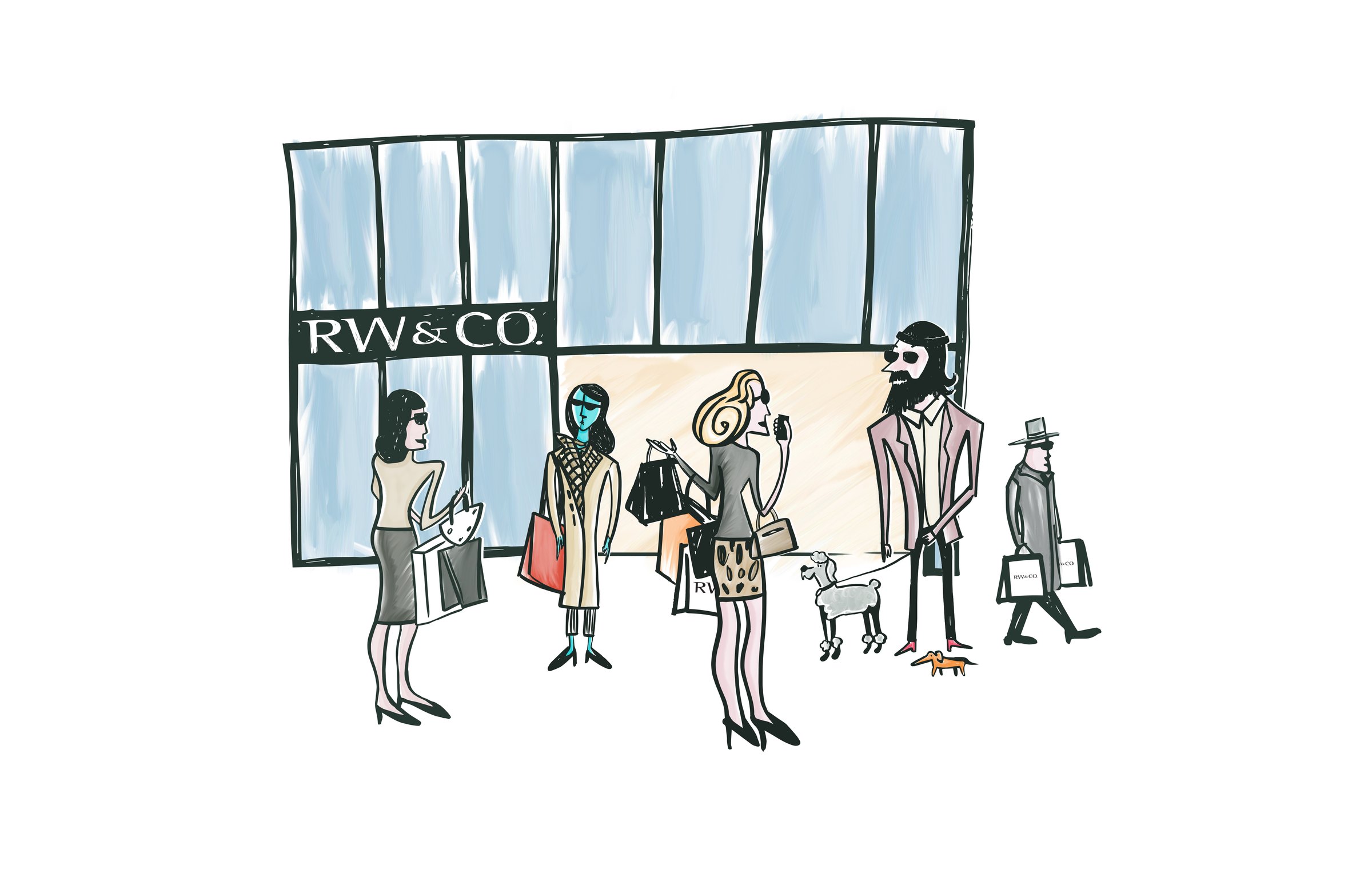 RW&CO storefront illustration in color: a cast of shoppers with bags and a poodle outside the store windows