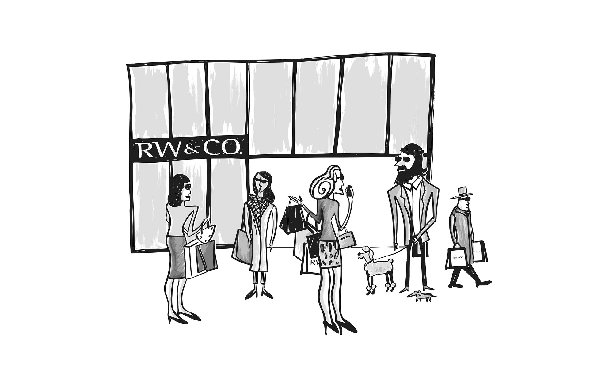 The storefront illustration in grayscale