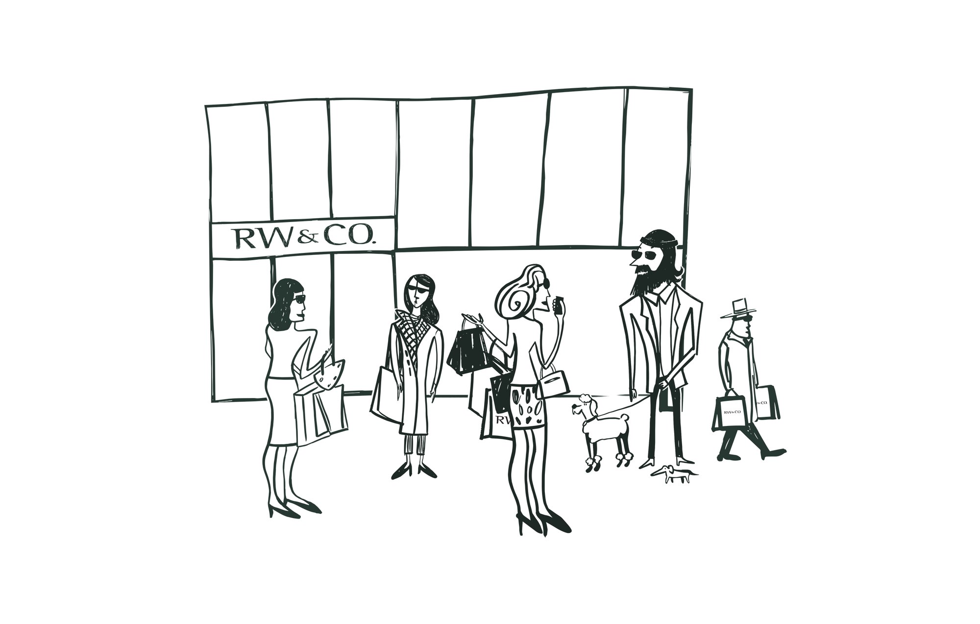 The storefront illustration in black and white