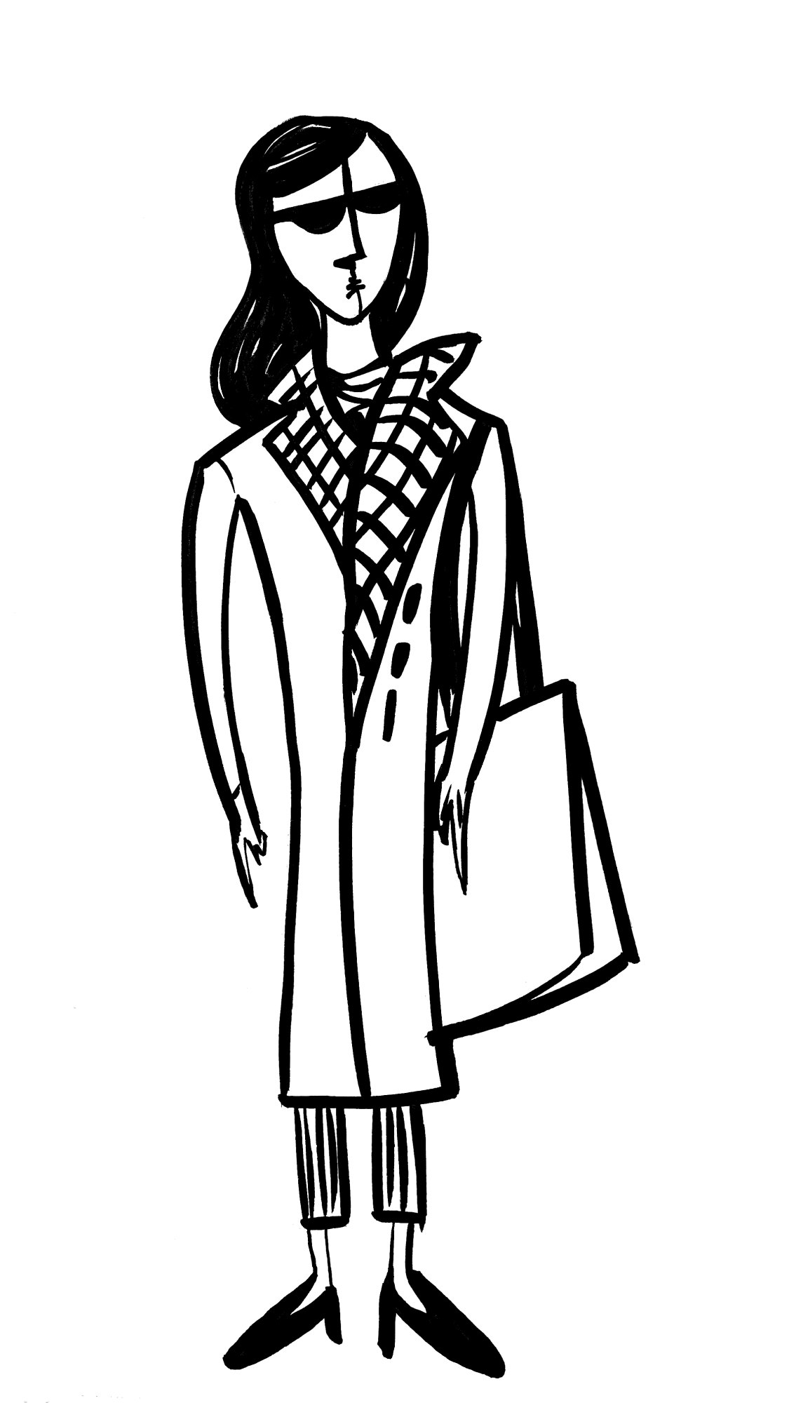 Marker sketch: a woman in a checked scarf and long coat