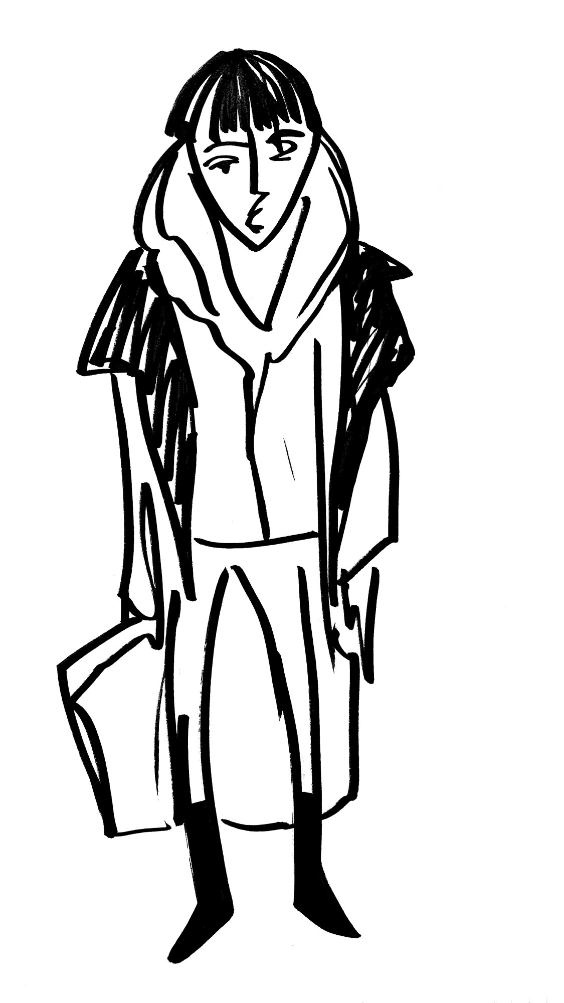 Marker sketch: a woman in a big coat with a bag