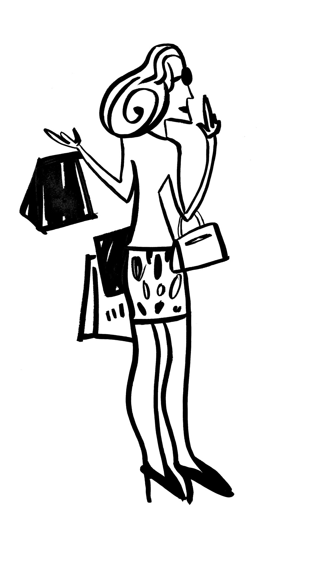 Marker sketch: a woman with a swirl of hair on the phone