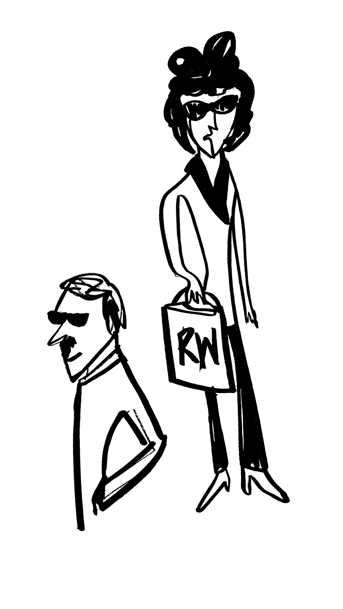 Marker sketch: a woman with an RW bag and a man in sunglasses