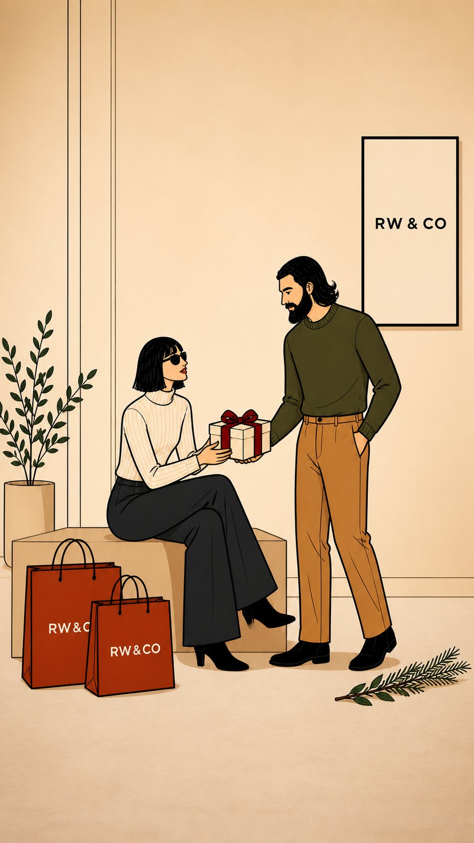 Vertical frame: a gift handed over on a bench beside RW&CO bags