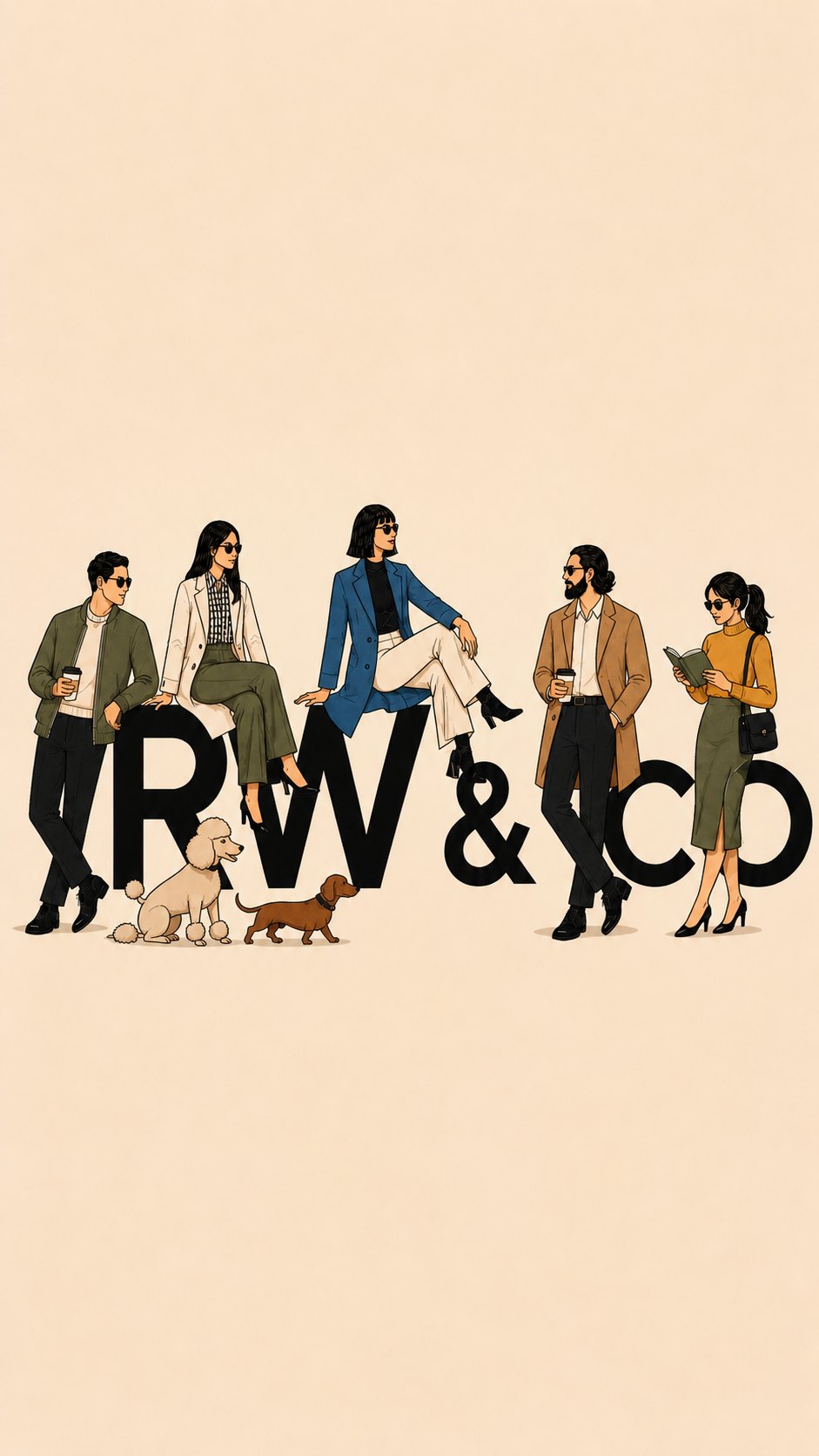 Vertical frame: the cast sitting and standing on the RW&CO logo