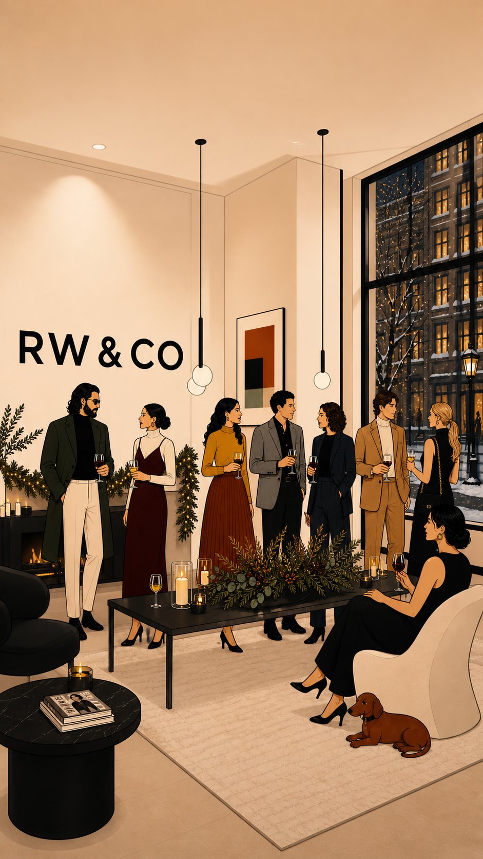 A holiday party in the RW&CO store by a snowy window