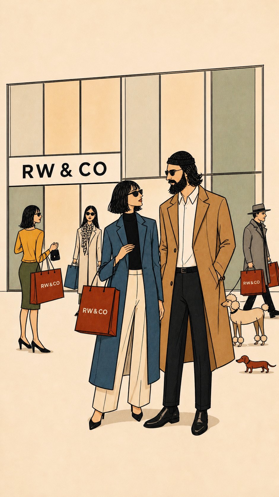 Vertical frame: the cast walking out of the RW&CO store with red bags