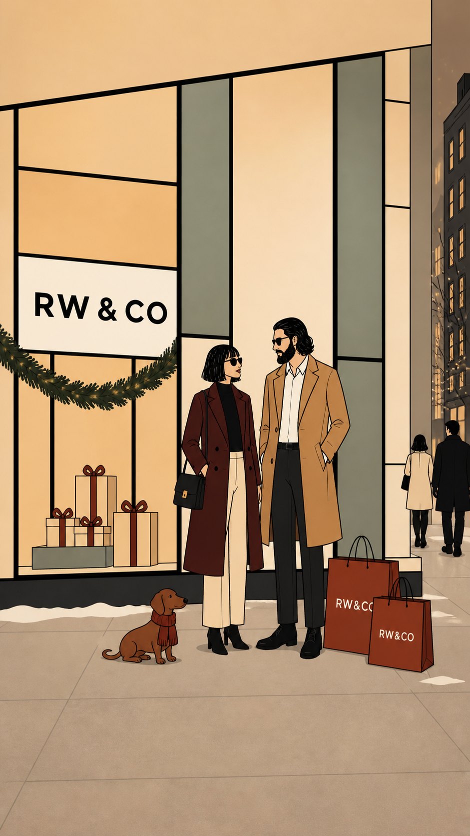 Vertical frame: two shoppers and a dachshund by the holiday window